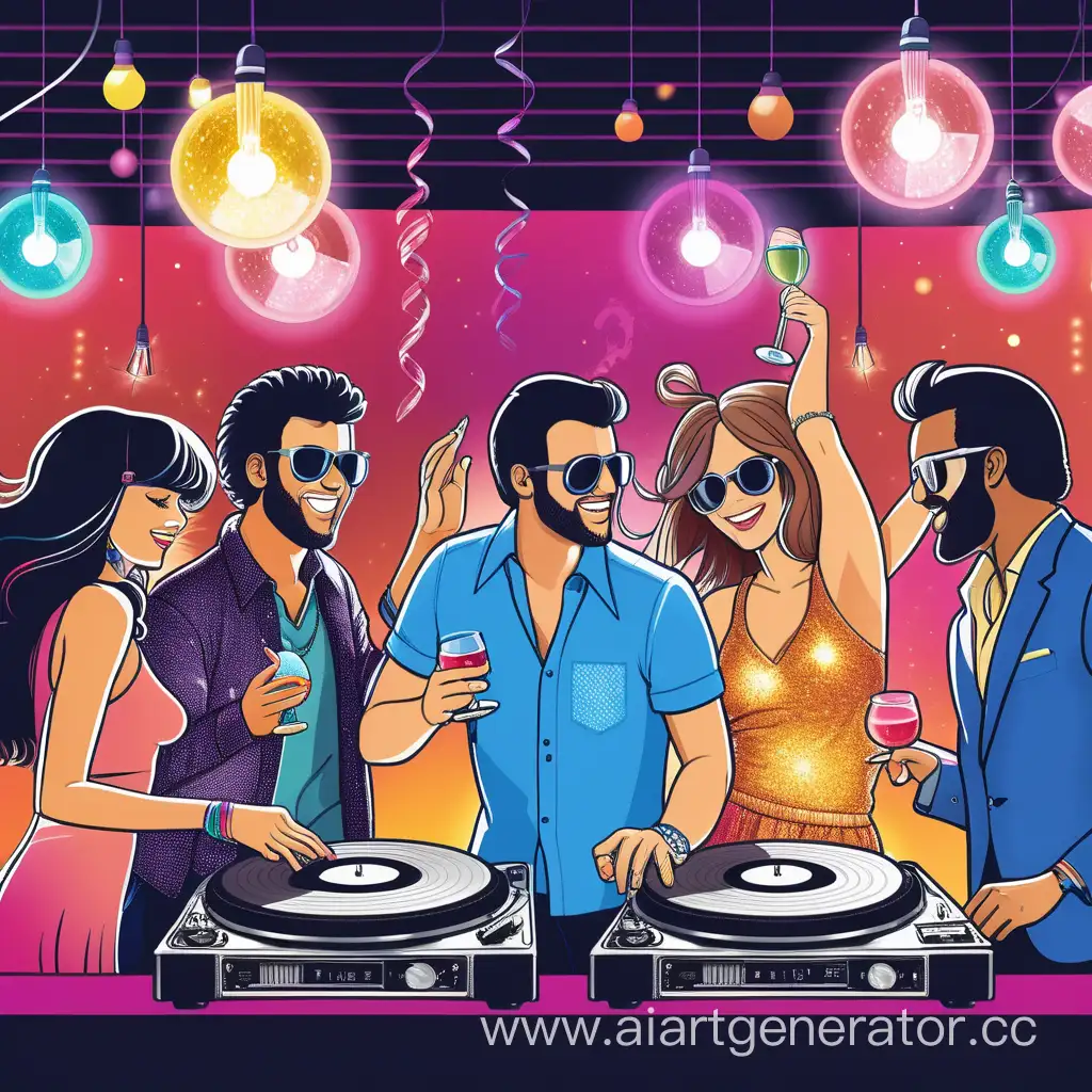 вечеринка в стиле диско с джеем на виниле и световые шары друзья коктейли танцы 

