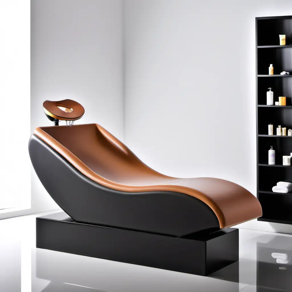 salon shampoo bed, minimalistic, leather exterior, modern, curvy design, washing bowl behind headrest