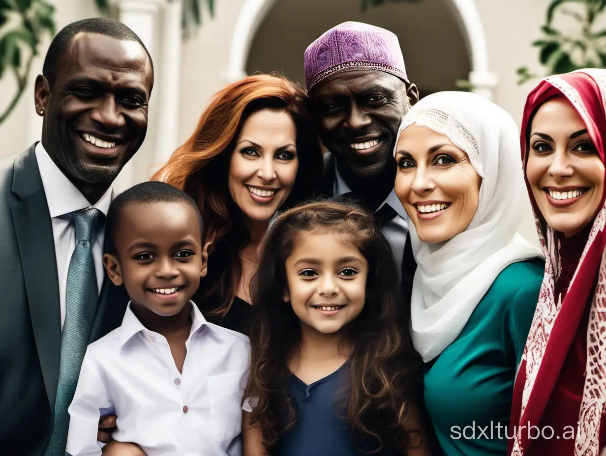 group of 5 united immigrant people, a white Latina woman with big breasts and businesswoman clothes, a black African man, a Muslim woman smiling with a veil, a child, and a Spanish man