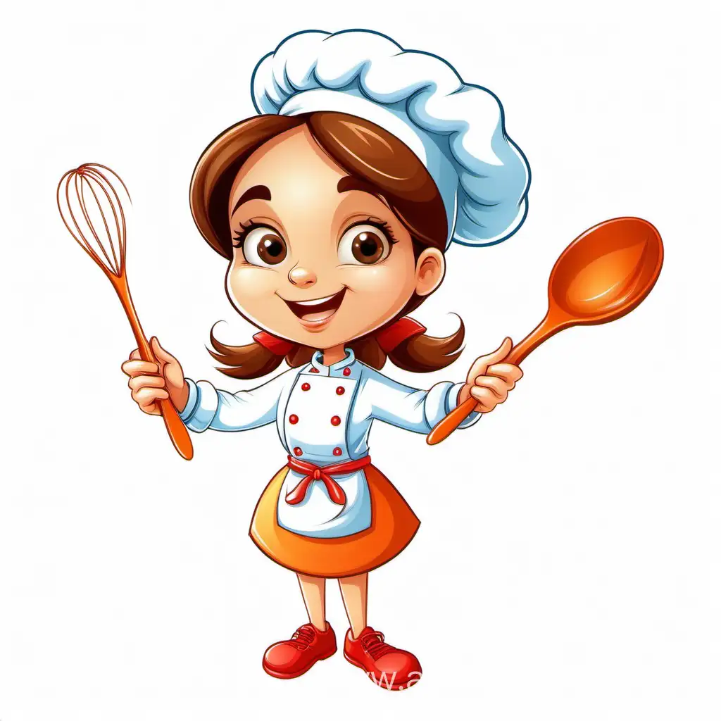girl cook, with a whisk and spoon, on a white background, cartoon