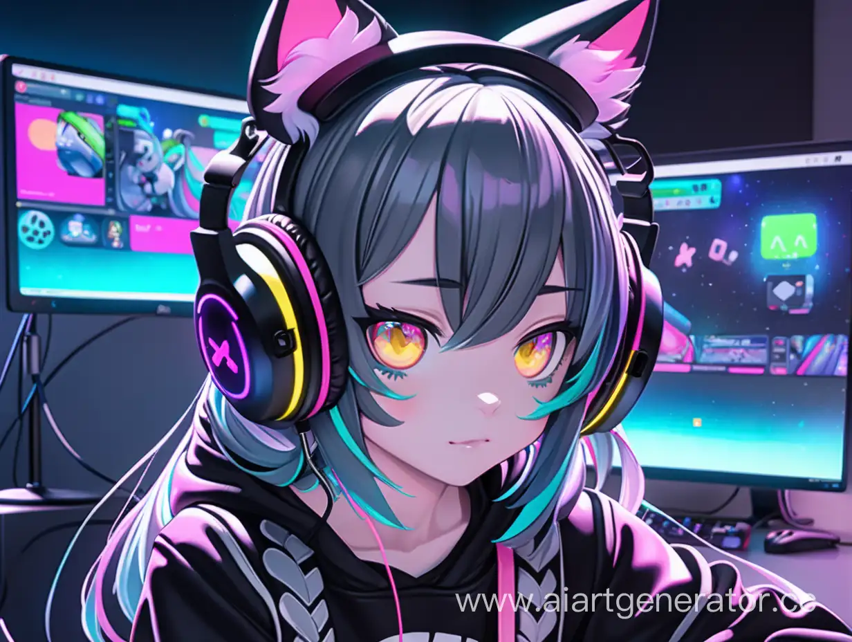 Cute anime gamer girl in cat headphones, hair color black ,neon style