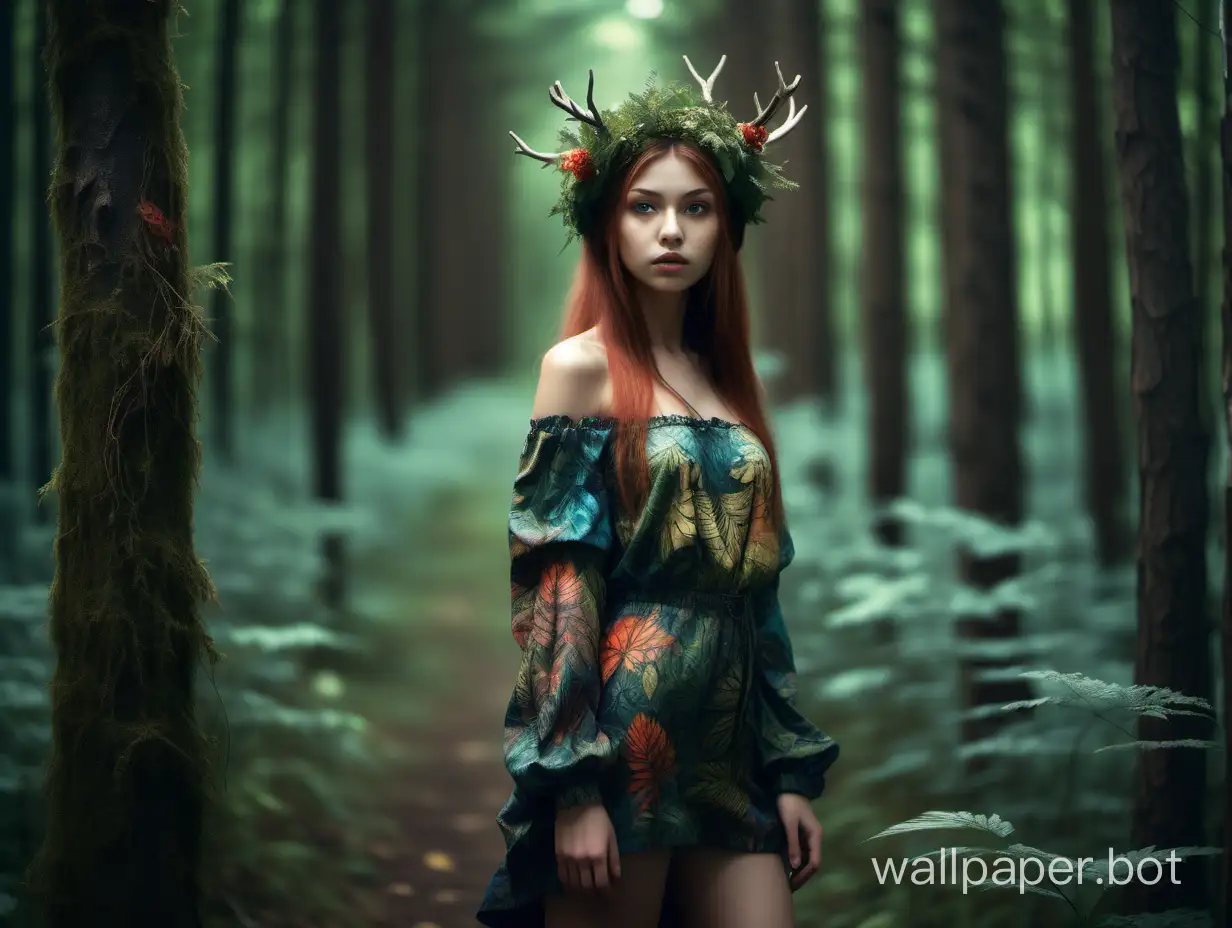 Imagine a girl in the forest, full-length, dressed, stunning full-color images, sharp focus, studio photo, front view, complex details, high detail