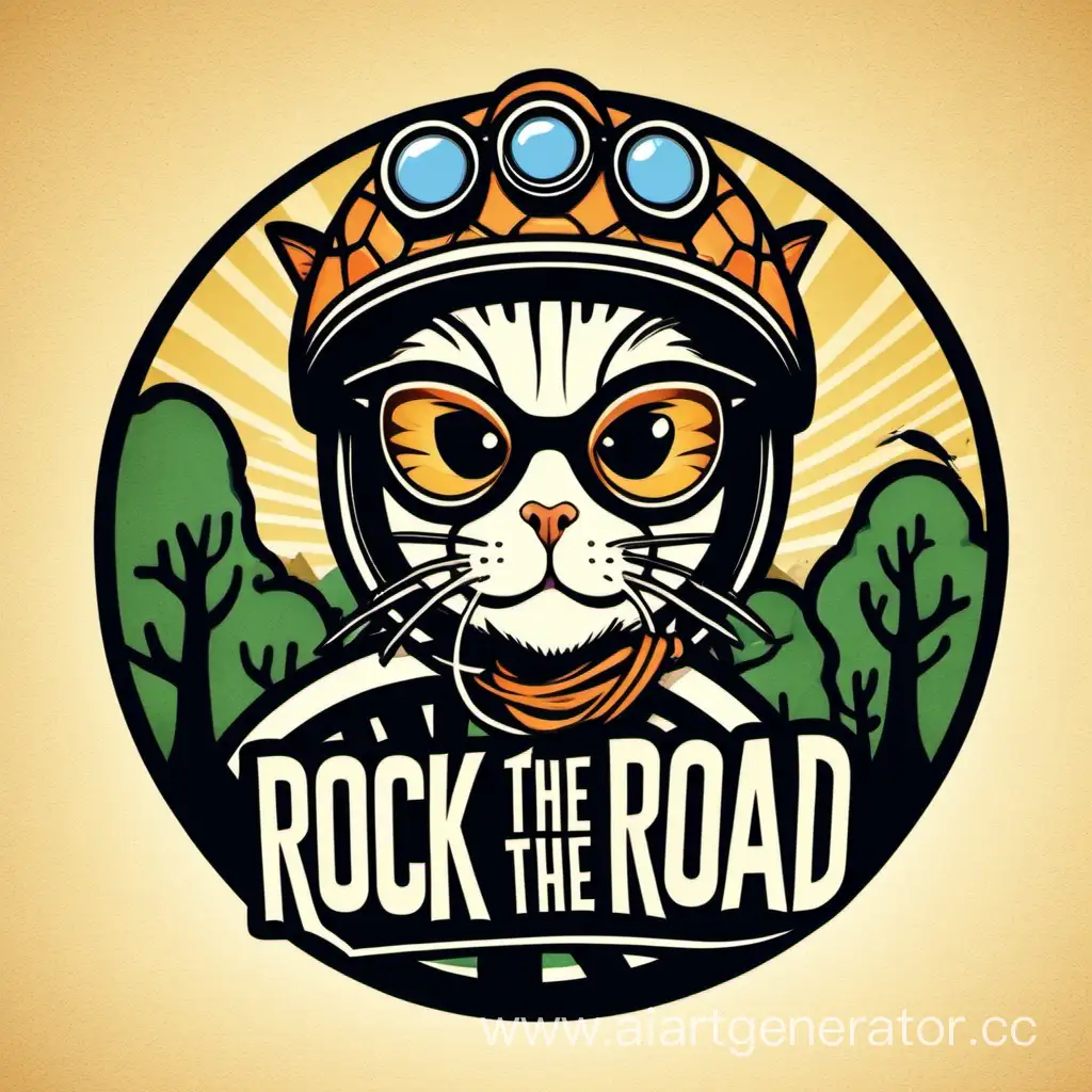 логотип ROCK THE ROAD, должна быть голова кота в велосипедном шлеме, присутствовать черепаха, старая бабка в шлеме и на велосипеде