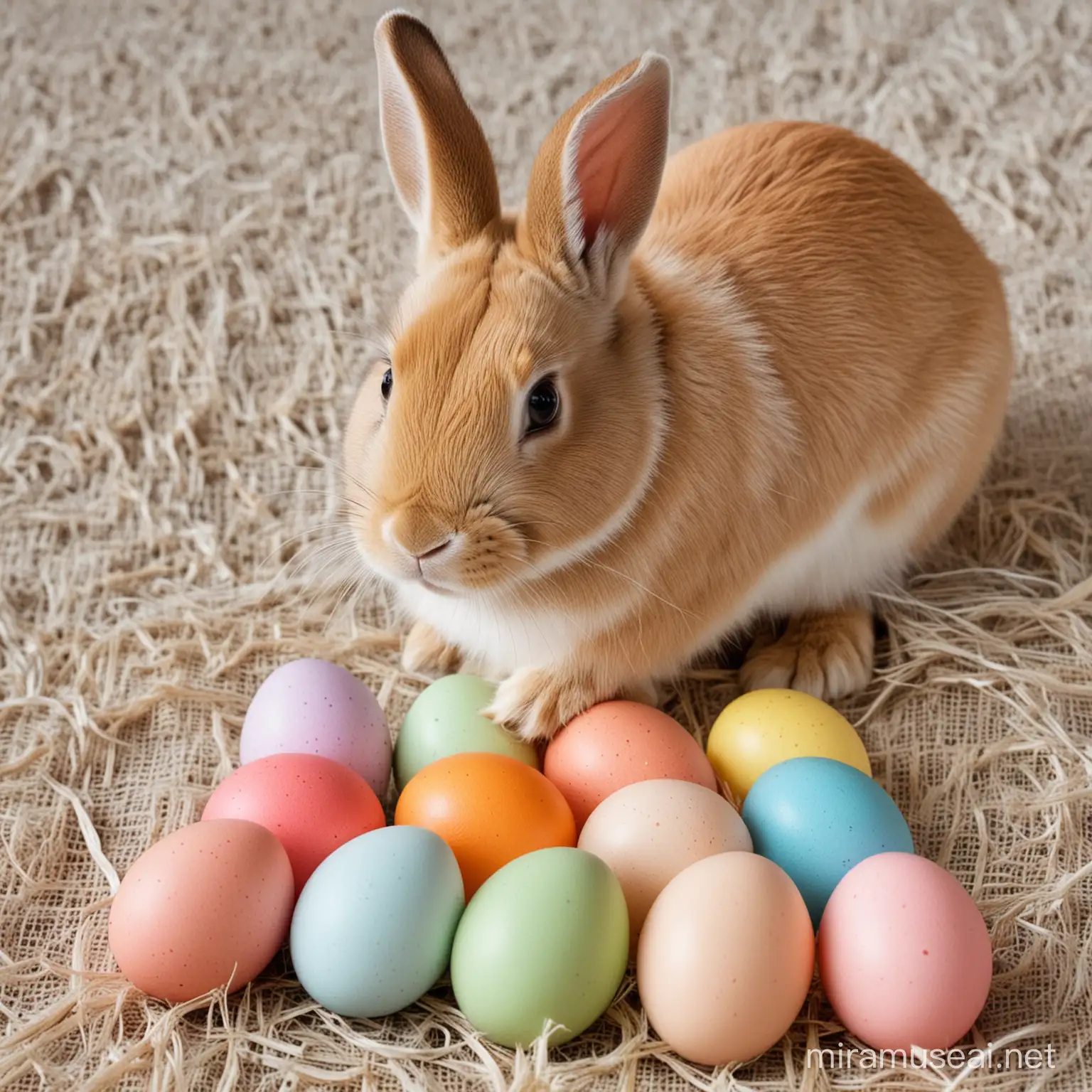 Easter Rabbit Surrounded by Vibrant Colored Eggs