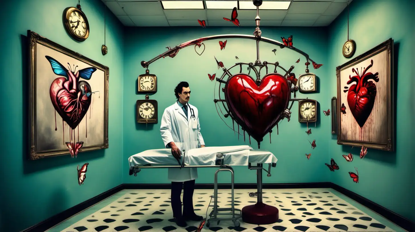 large bloody heart hanging from pole with a clock in the middle, doctor holding iphone, surrealism, operating room setting with operating table, hyperrealistic, butterflies on artwork on walls, male doctor that looks like salvador dali