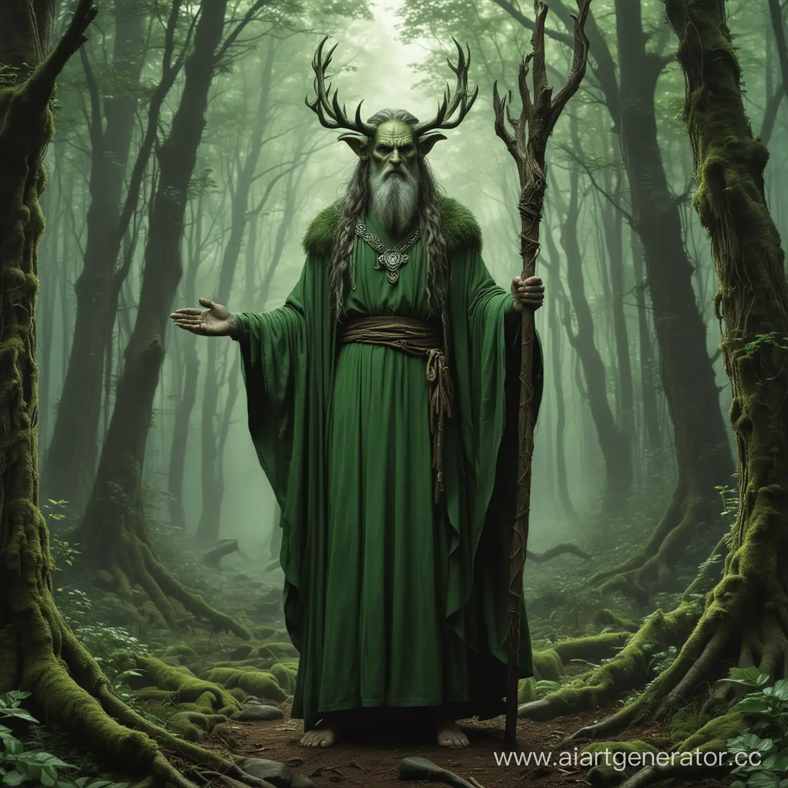 Фентези- друид в друидской зелёной одежде стоит посреди густого леса с посохом и грозным лицом в зелёных одеяниях
