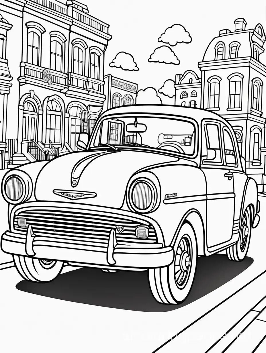 classic car driving in town , Coloring Page, black and white, line art, white background, Simplicity, Ample White Space. The background of the coloring page is plain white to make it easy for young children to color within the lines. The outlines of all the subjects are easy to distinguish, making it simple for kids to color without too much difficulty, Coloring Page, black and white, line art, white background, Simplicity, Ample White Space. The background of the coloring page is plain white to make it easy for young children to color within the lines. The outlines of all the subjects are easy to distinguish, making it simple for kids to color without too much difficulty