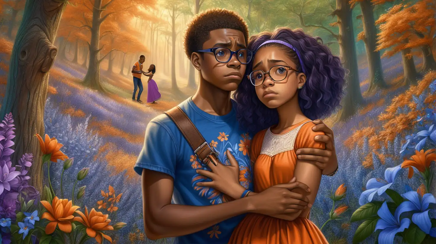 African-American teenage boy with glasses wearing t-shirt and jeans. Holding a sad African-American teenage-girl wearing medieval beautiful orange dress, she's crying in his shoulder. Surrounded by blue and purple floral forest, 8K.