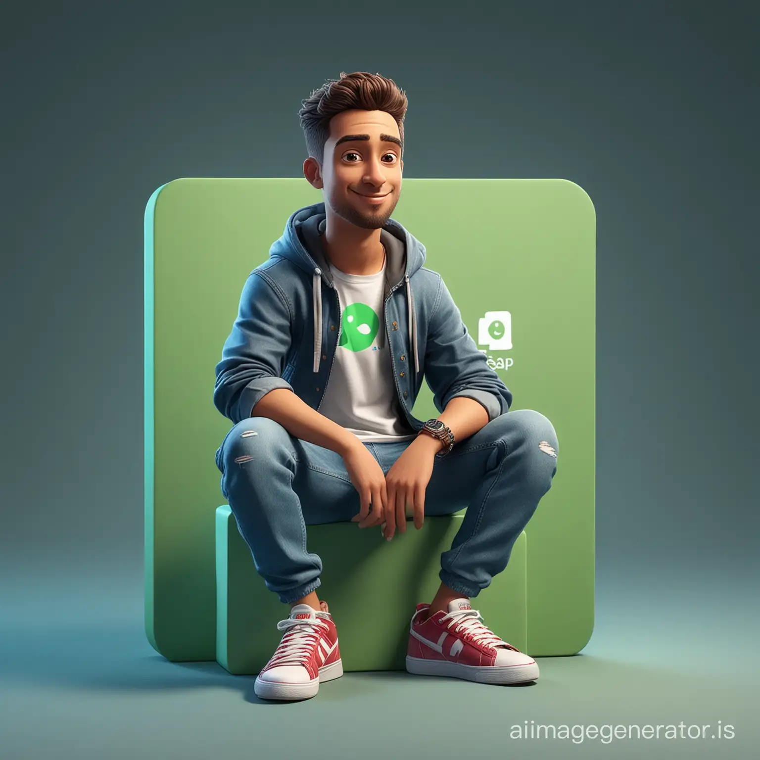 Create a 3D illustration of an animated character sitting casually on top of a social media logo "WhatsApp". The character must wear casual modern clothing such as jeans jacket and sneakers shoes. The background of the image is a social media profile page with a user name "Zubair" and a profile picture that match.