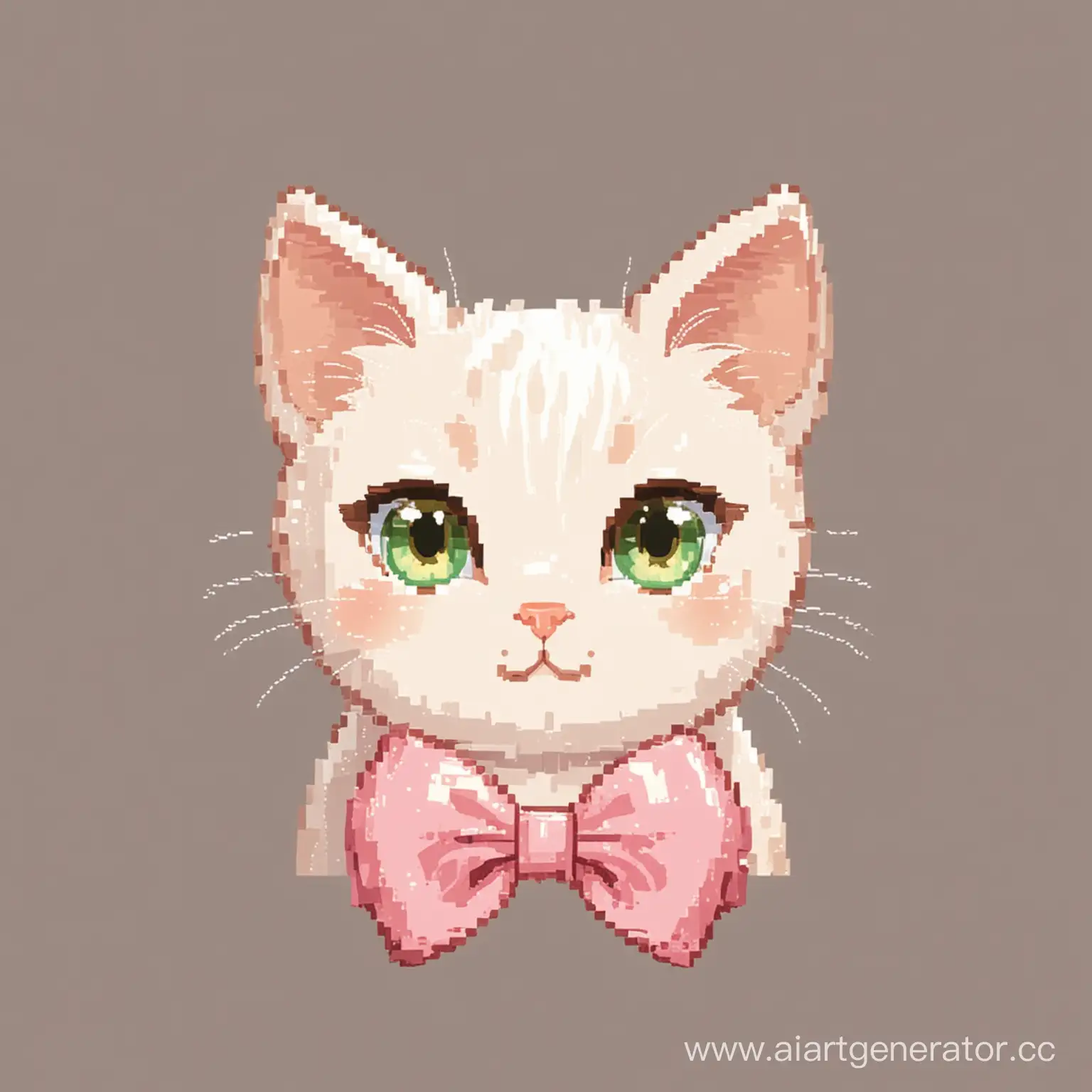 нежно белая пиксельная кошка с зелеными глазами,с розовым бантиком,с коричневым и кремовым ухом