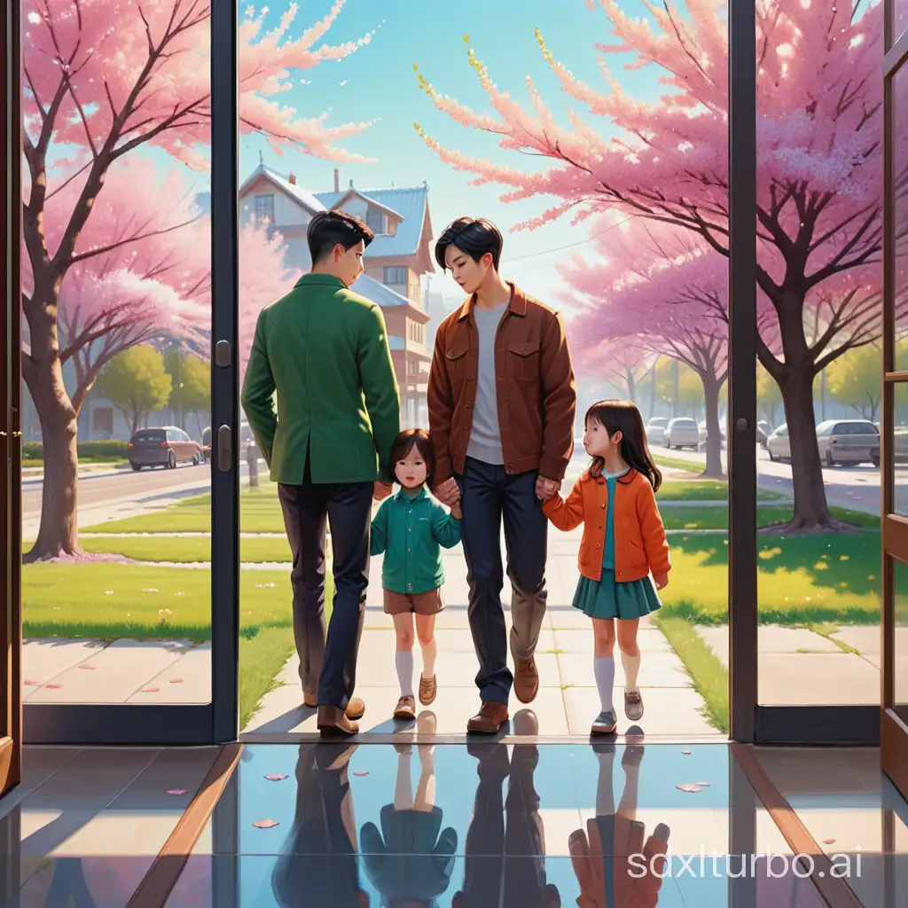 A warm family of three, award-winning illustration, spring day, inspired by Russell Dongjun Lu, detailed and complex environment, mirror and glass surfaces, artsation contest winner, father figure image, inhabited on many levels, wall art, carson ellis, webtoon