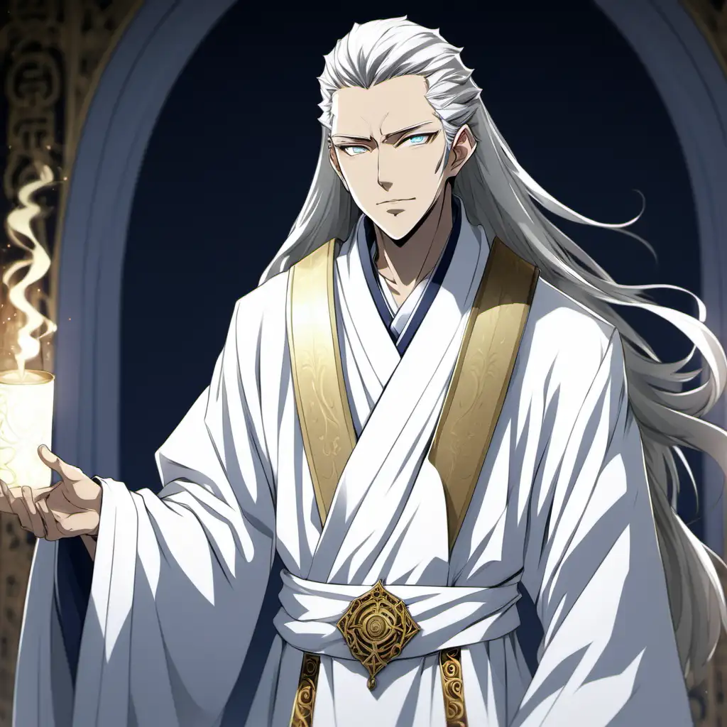 anime guy, high priest, white robes, late adulthood