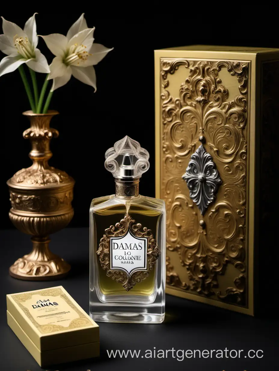 a bottle of damas cologne sitting next to a box, a flemish Baroque by Demetrios Farmakopoulos, instagram contest winner, dau-al-set, dynamic composition, contest winner, feminine