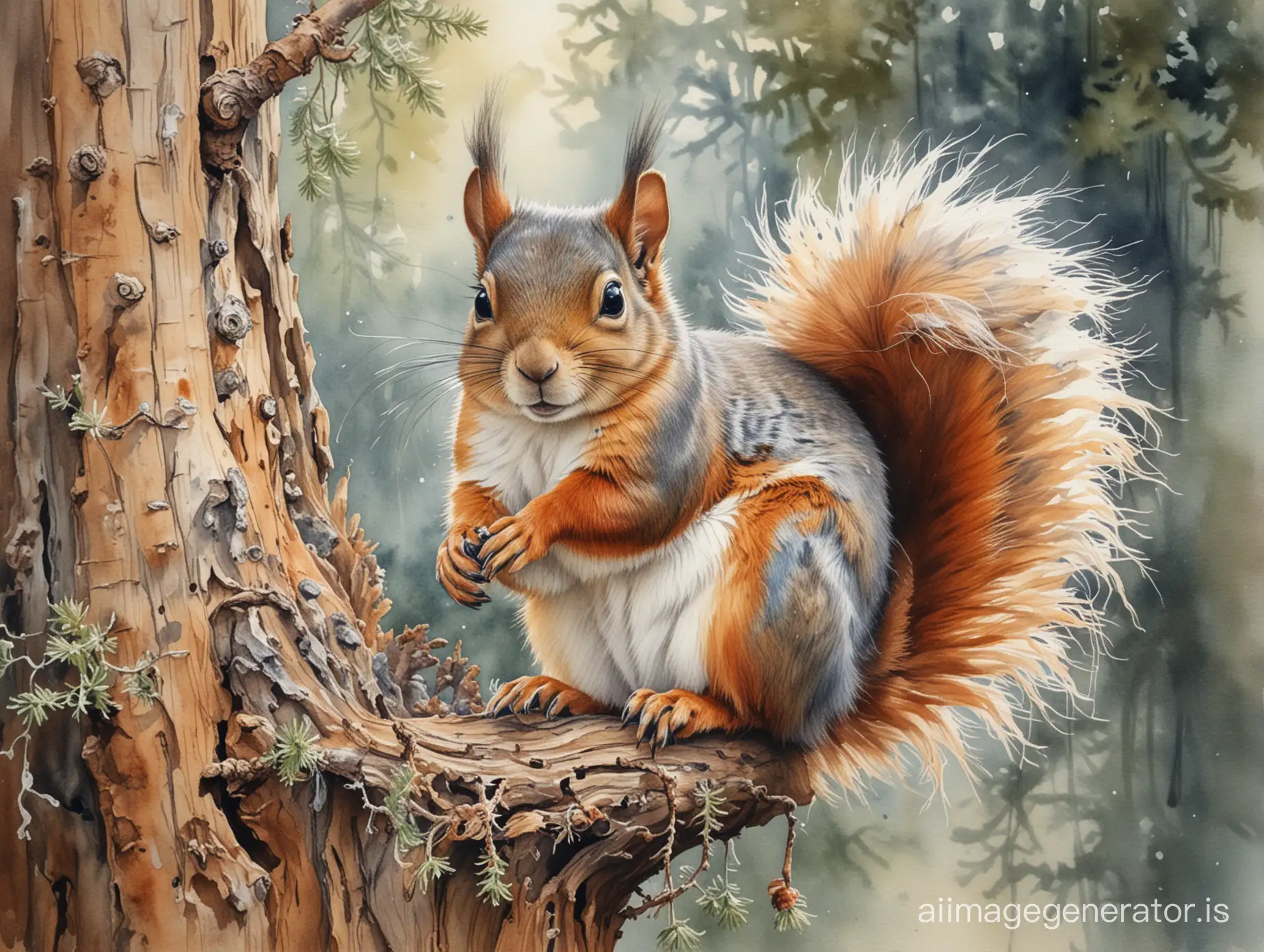watercolour. A beautiful squirrel with fluffy highlighted fur and long tassels on his ears sits on a branch of an old gnarled pine tree