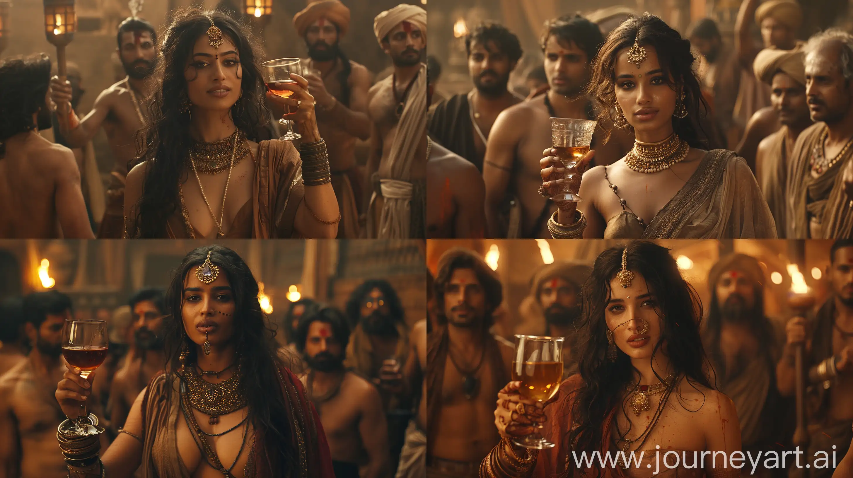 Indian woman from ancient times holding a glass full of wine, drunk, amidst a group of men, brown toned image in dim ambient lighting, intricate details, high resolution image --s 400 --ar 16:9 --v 6