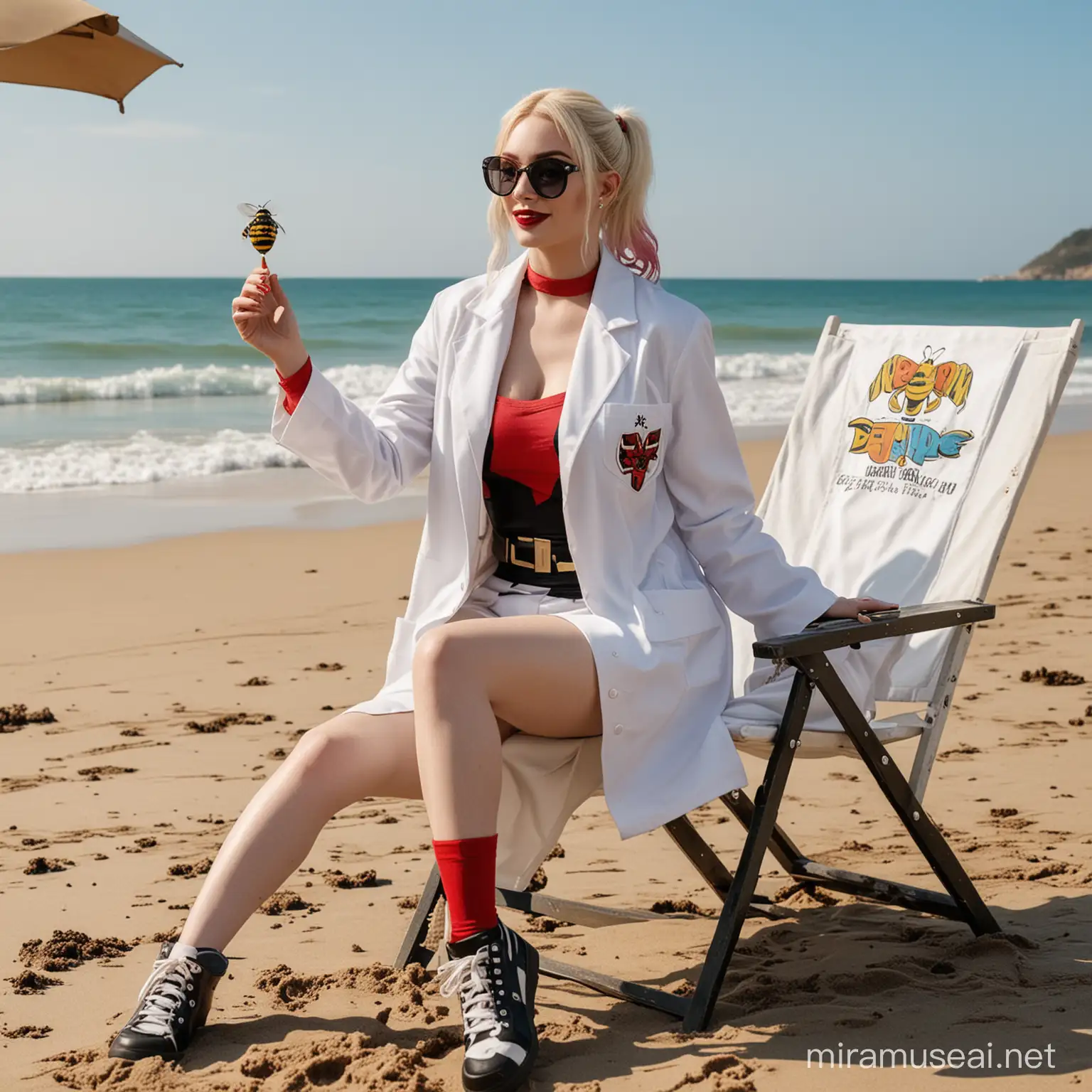 Harley quinn sitting on a beach chair wearing a long white lab coat while trying to swat a bee away with one hand and making Italian symbol for understand with the other hand full body view