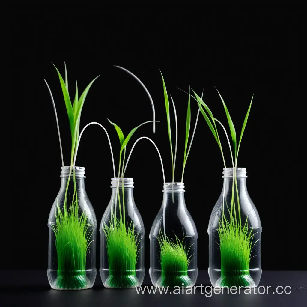 Grass grows from plastic bottles on a black background