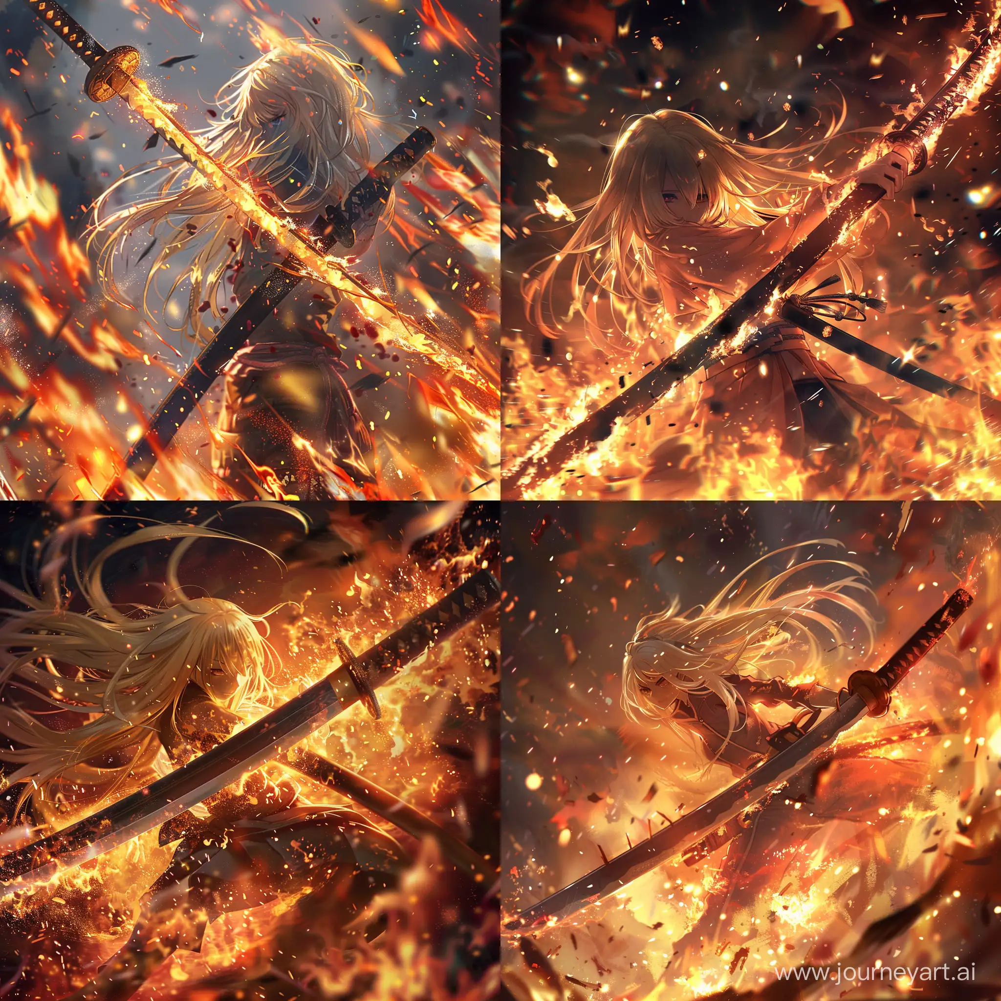 The image of a katana (Japanese weapon) in the embrace of flames, sparks. Katana is in the foreground, in the middle, held by a girl with blonde hair. There is fire behind and on the sides. Detailed, use for an avatar. Definitely in the anime style