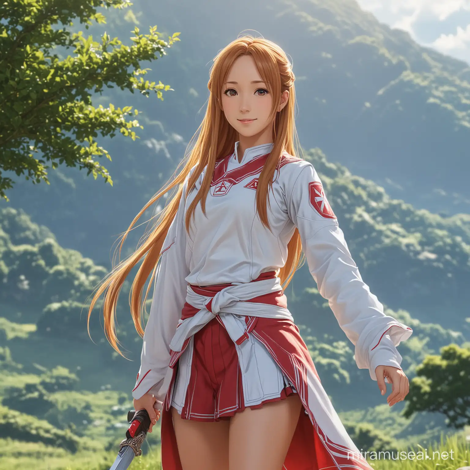 Draw the character Asuna from SAO, high quality, natural lighting, long shot, outdoors, countryside, standing, casual pose, trendy clothing, smiling at the viewer