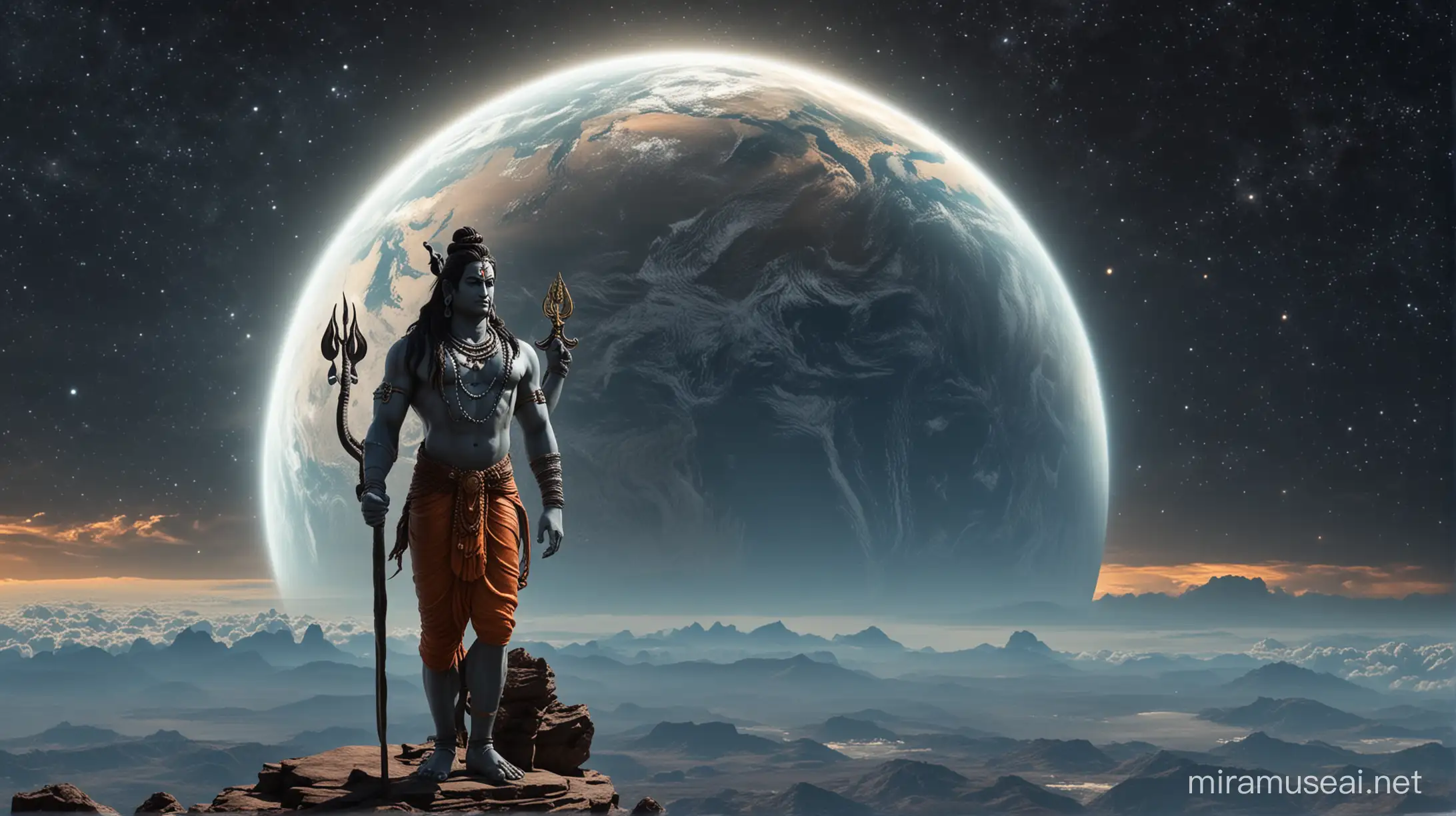 lord shiva looks at the planet against its background