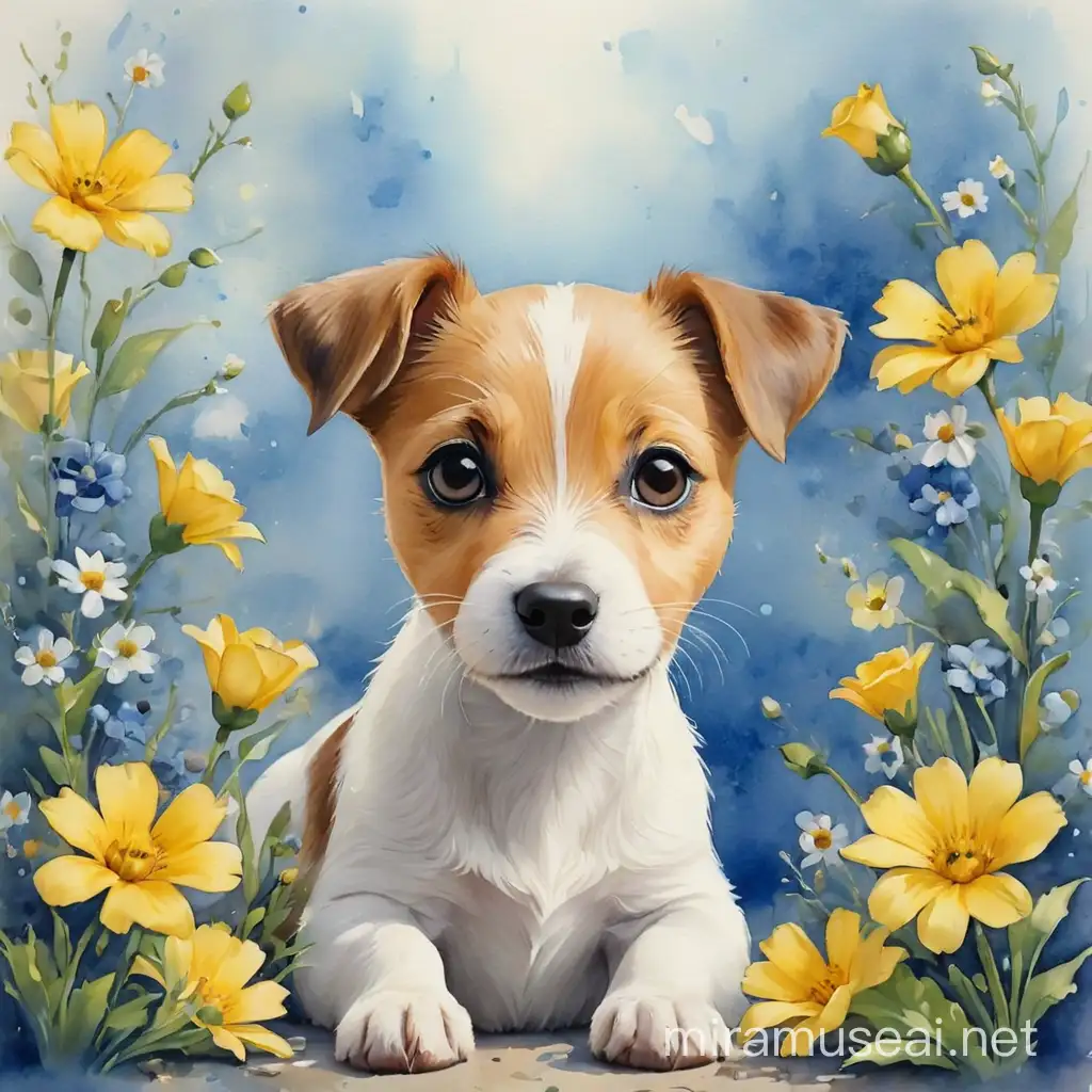 Маленький щенок Джек-Рассел-терьер, цветы сине- жёлтые, акварель 
