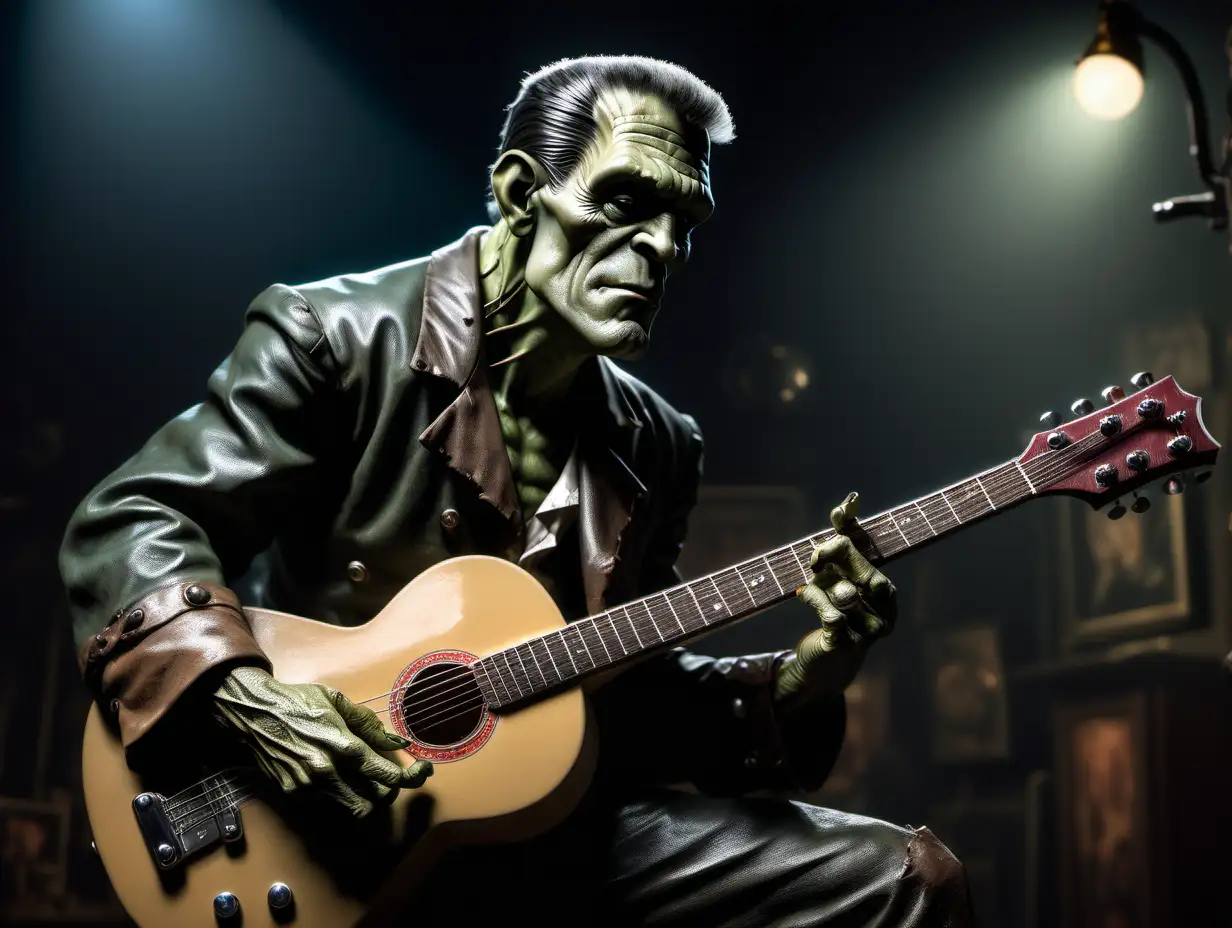 Frankenstein playing guitar in an old blues club in style of photorealism by frank frazetta, photograph, high detail, elegant, close up and dark background