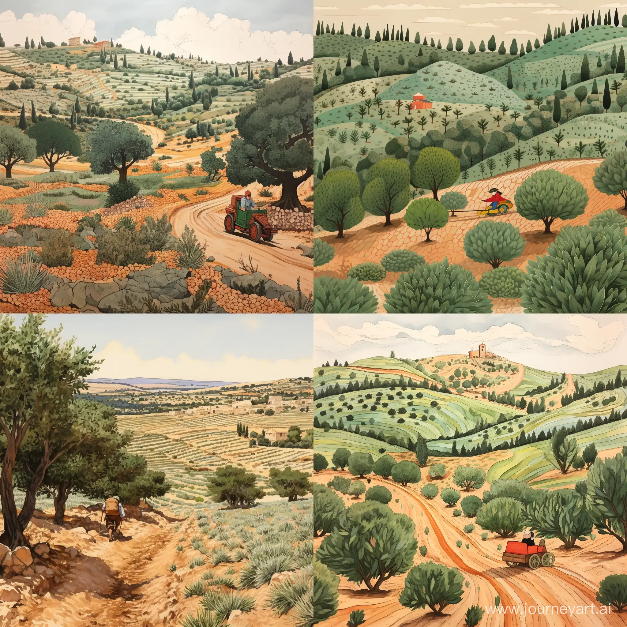 Palestinian-Farmer-Plowing-Olive-Grove-with-Prickly-Pear-and-Pine-Trees