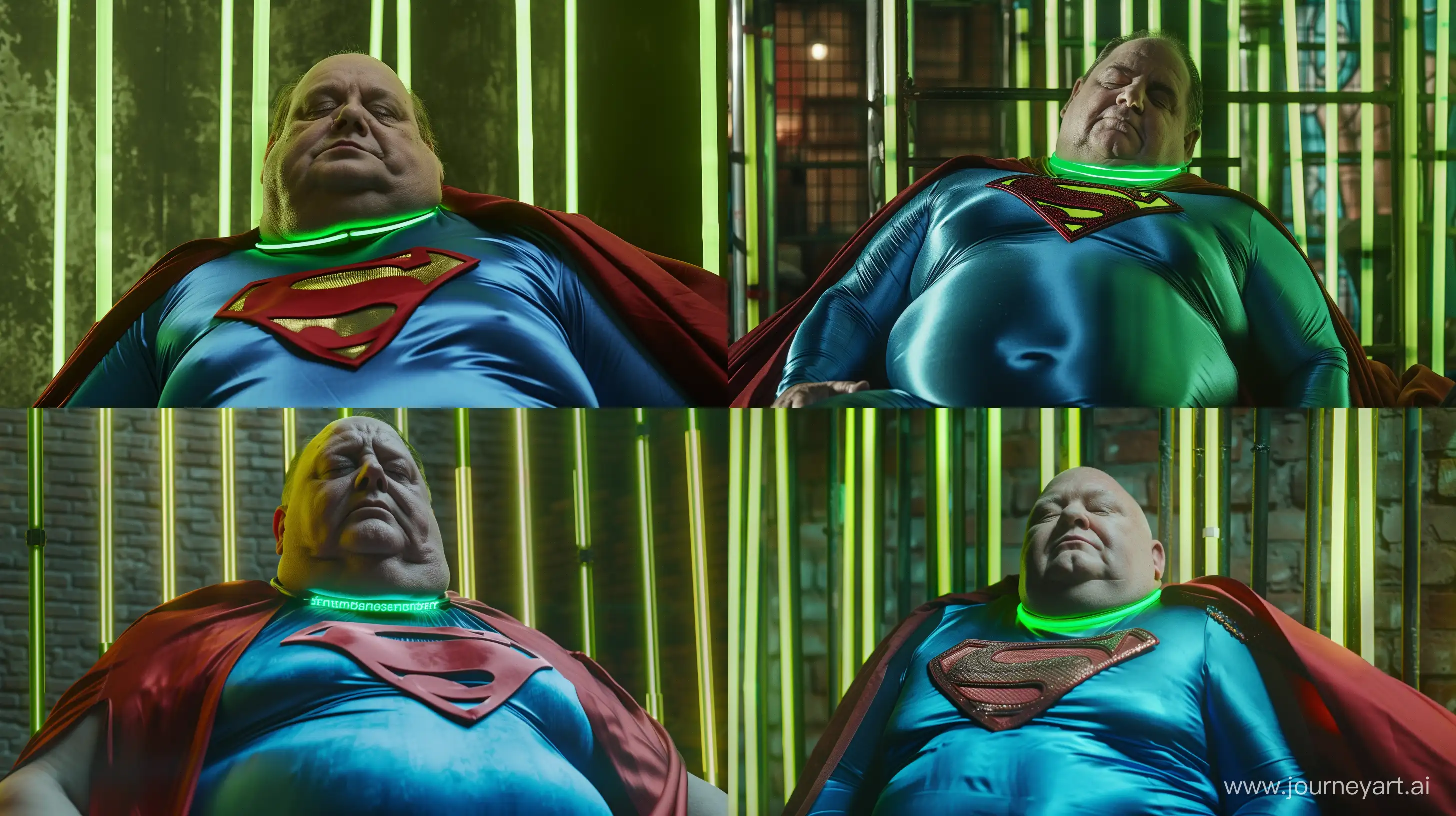 Extreme close-up portrait of a fat man aged 60 wearing a blue silk superman tight costume with a large red cape and a tight green glowing neon dog collar. Sleeping against green glowing green neon bars. Outside. Daylight. Natural Light. --style raw --ar 16:9