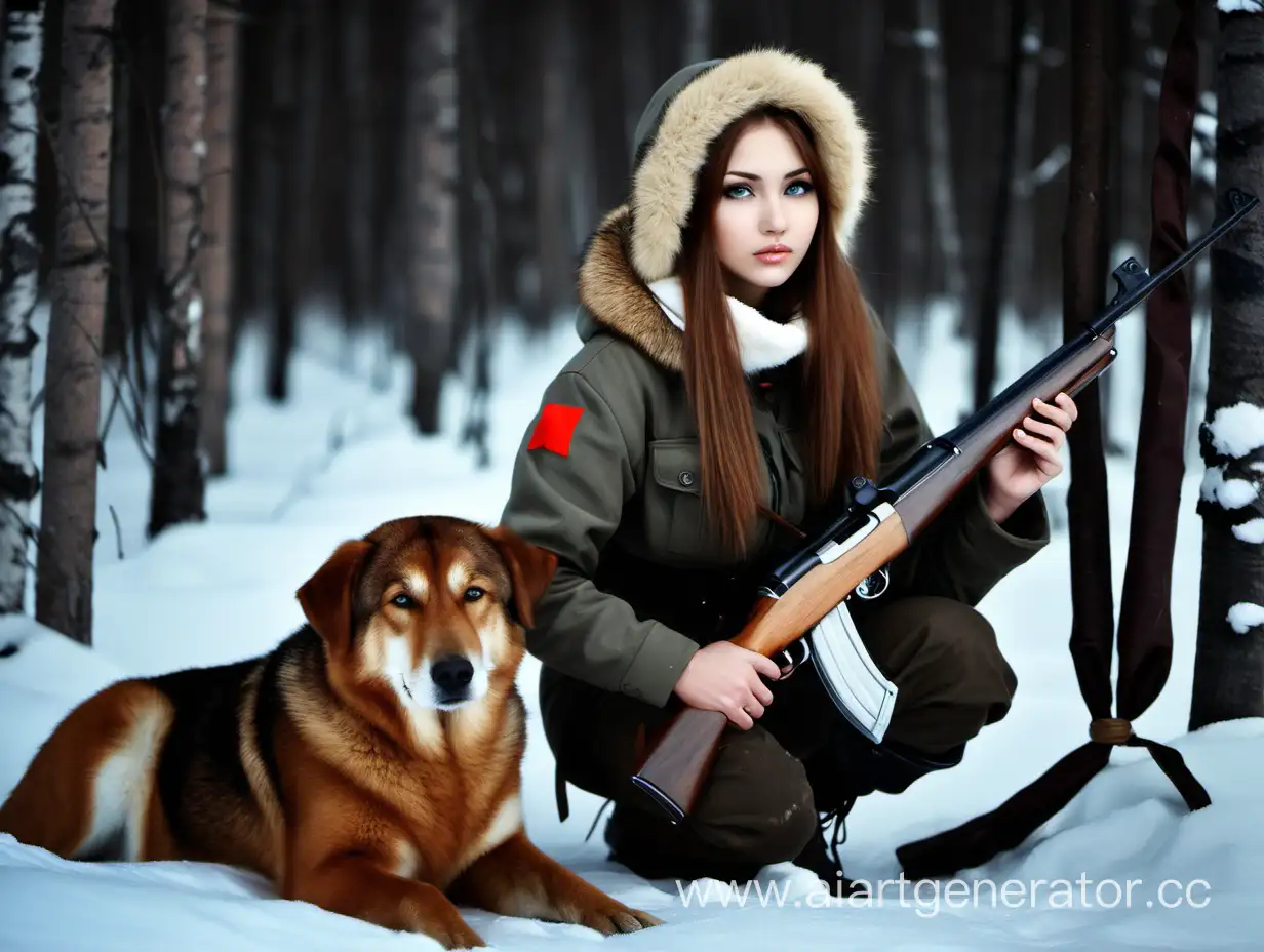 Красивая девушка в тайге, винтовка мосина, финка, собака