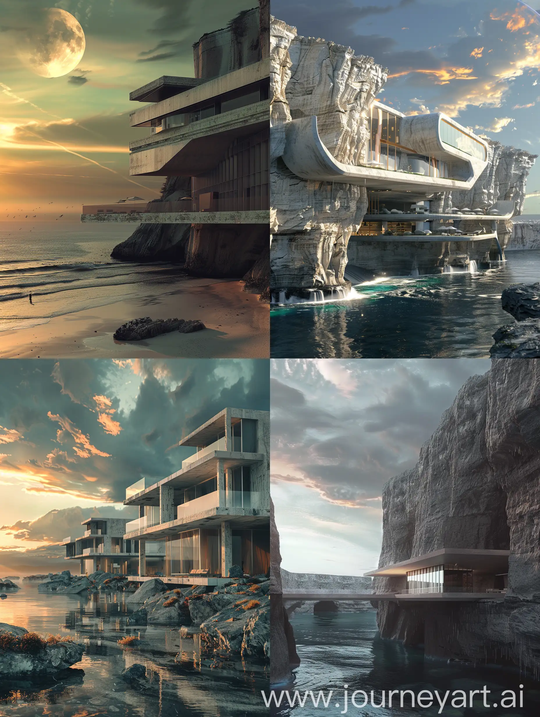a beautiful modern hotel at the edge of the dying world. photorealistic picture