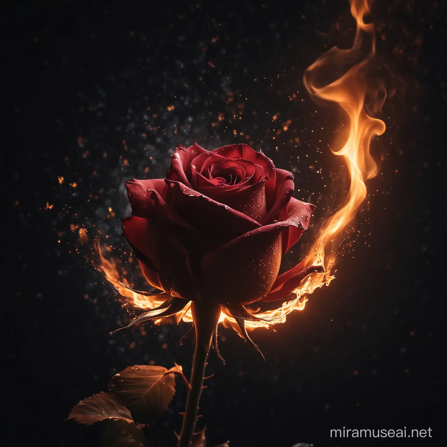 Burning Rose Illuminates Dark Night with Starry Glow
