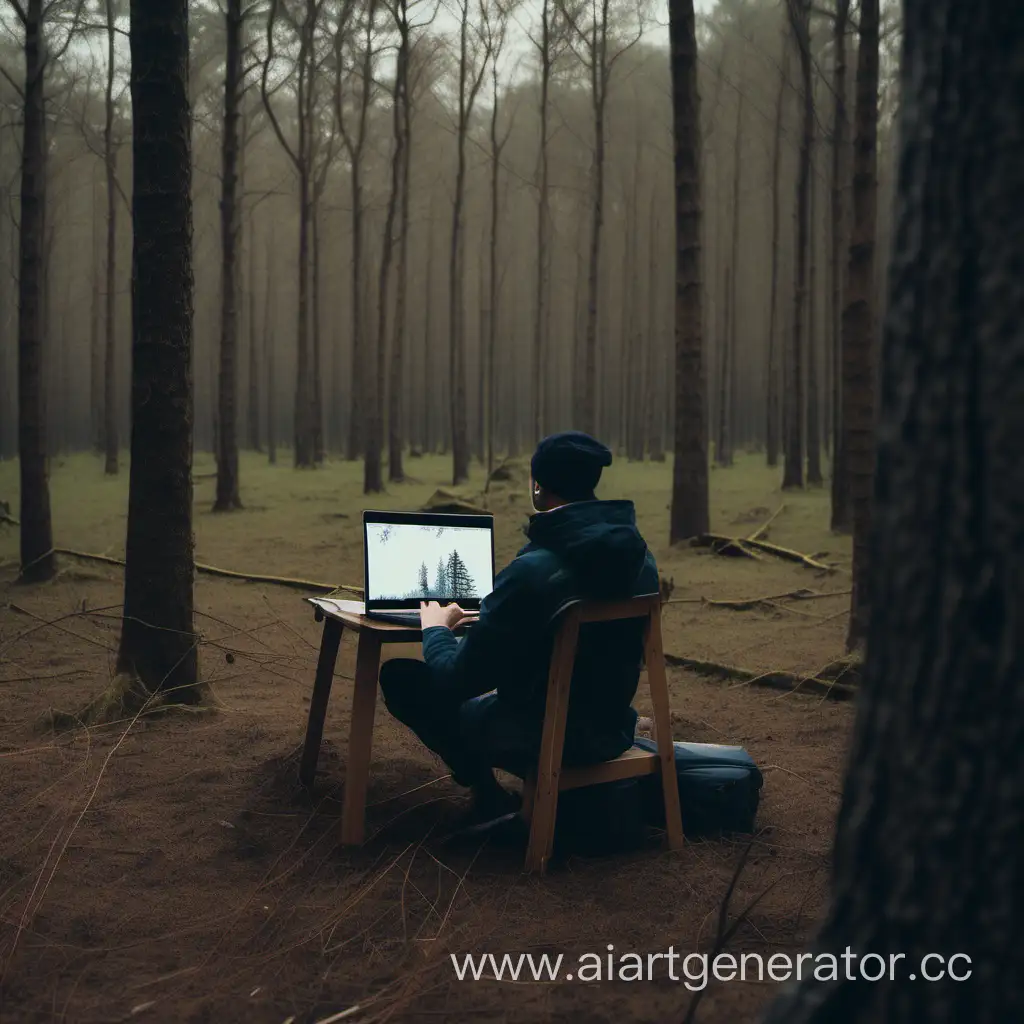 Сгенирируй как человек сидит в леса за столом и монтирует видео в ноутбуке