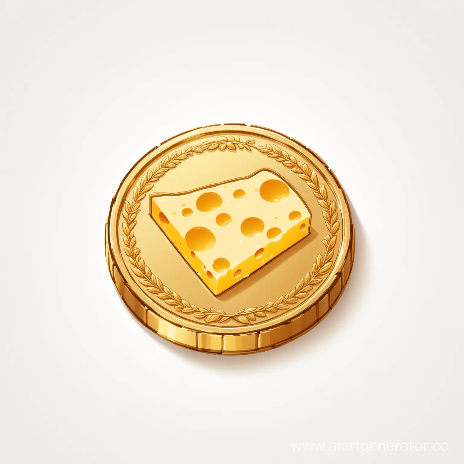 white background, one gold coin with a cheese design on it