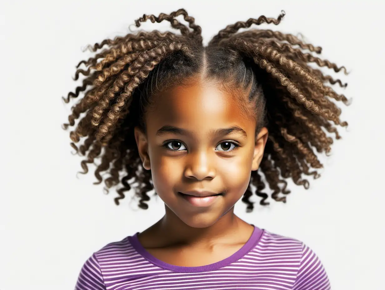white background, black lines, full color image,  african-american, 10-year-old girl with coily thick hair, head to waist 