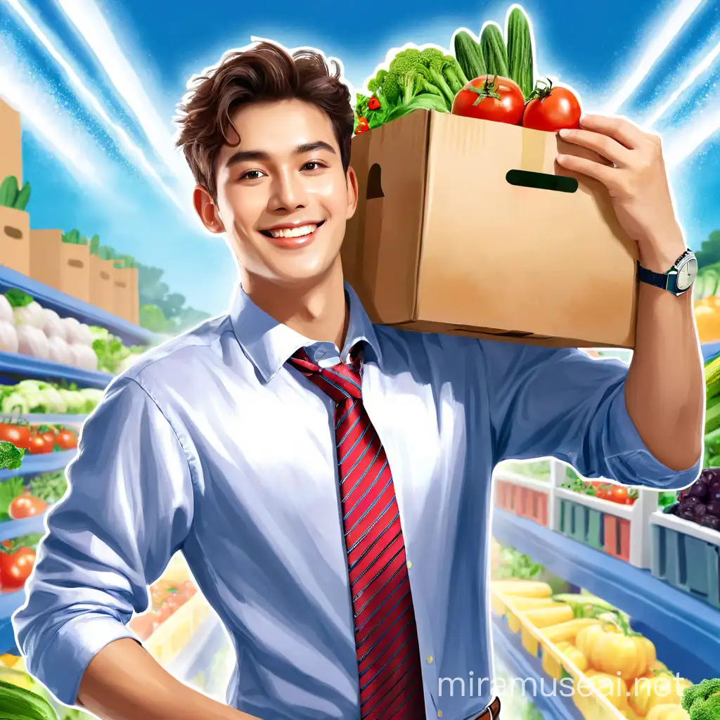 A charming young man with a warm smile and a striped necktie, dressed in a collared shirt and a watch on his wrist, holds a box of his shoulder fresh vegetables and a juicy tomato, ready to share his bounty with the world.
