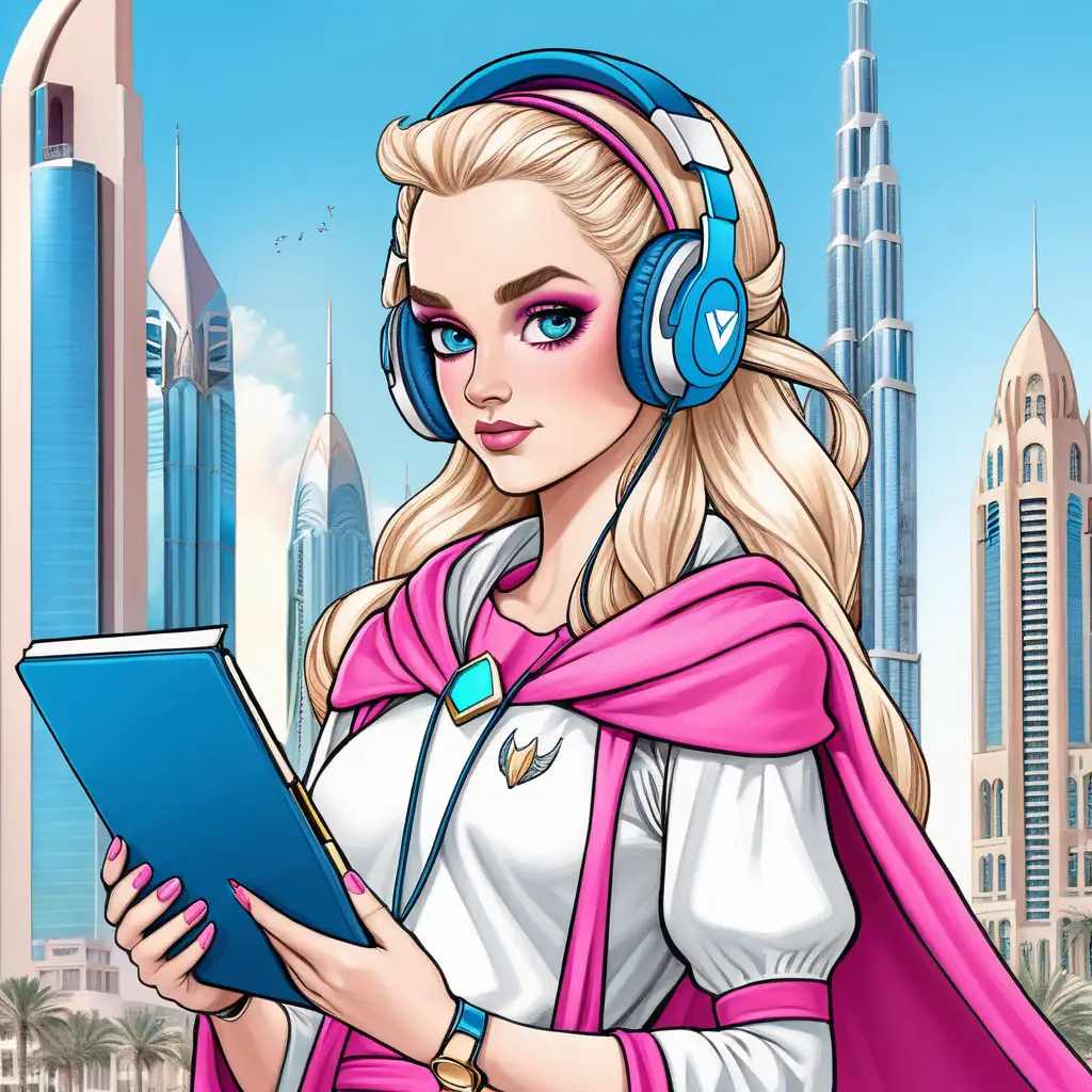 Богиня Фрея , в образе супергероя в городе Дубай в наушниках и с блокнотом в руках, в розовых цветах , мультяшный герой, с большими голубыми глазам, милое лицо