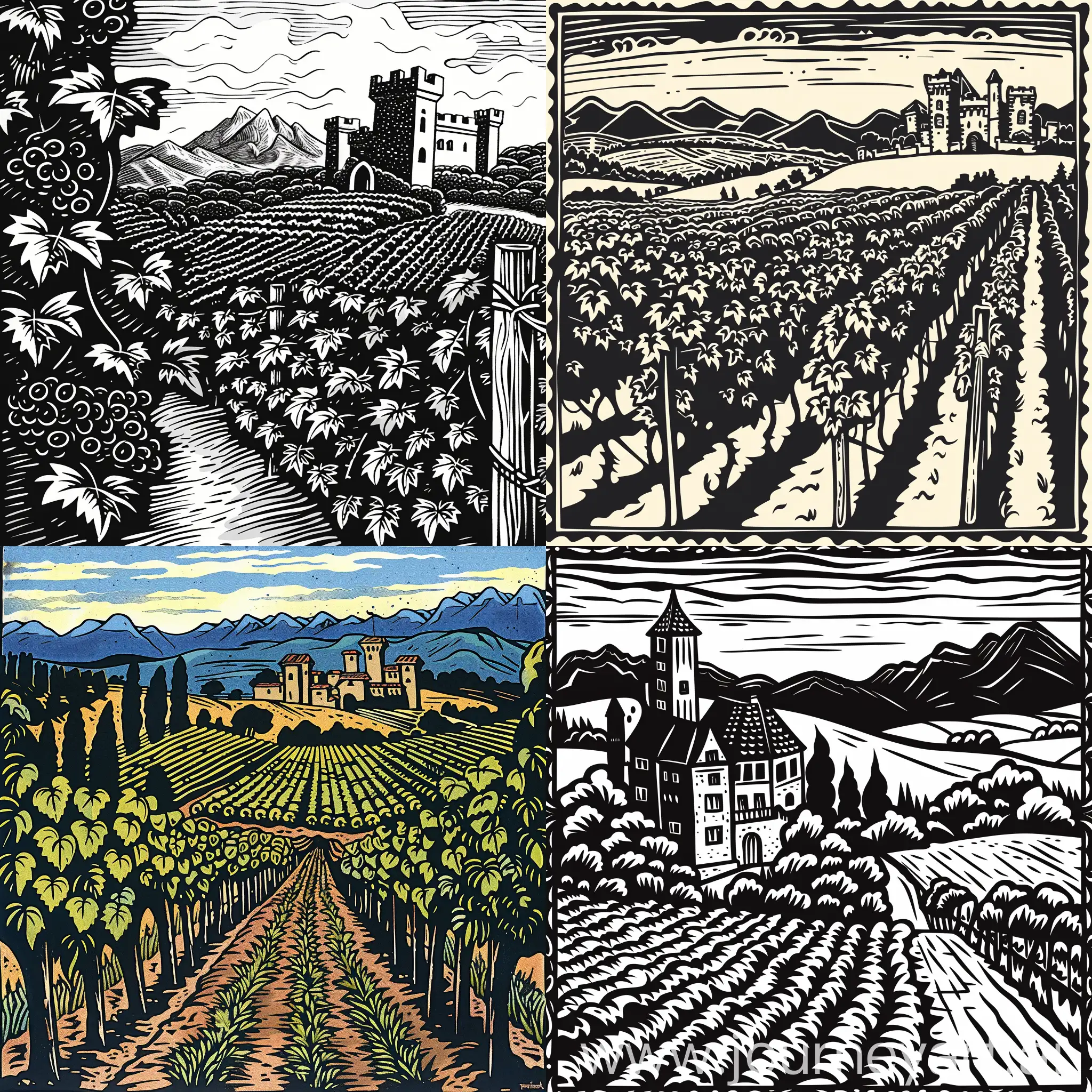 Woodcut-Style-Vineyard-Castle-with-Distant-Mountains