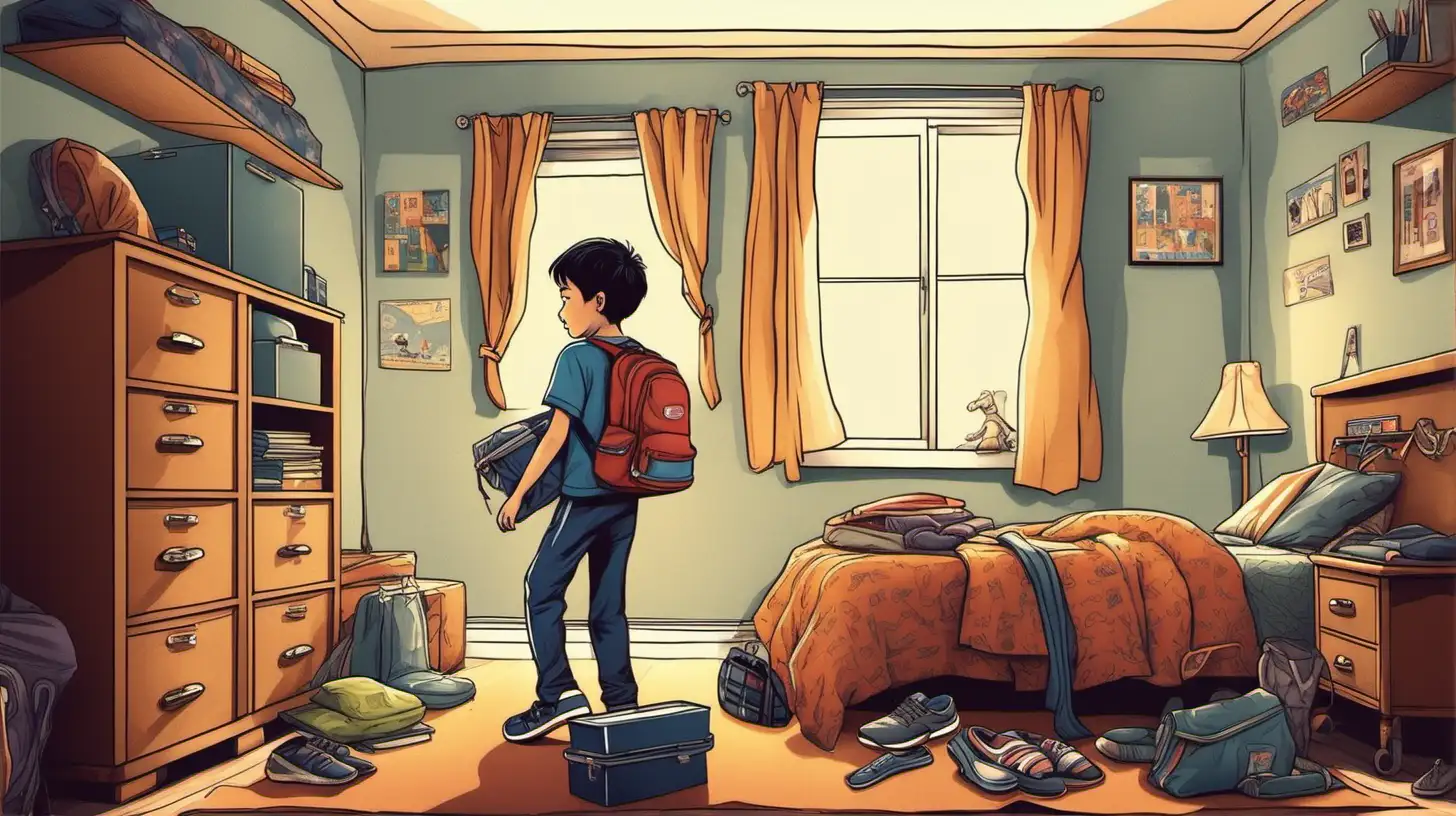 illustrate a ten years old boy  packing his belongings with joy in his room