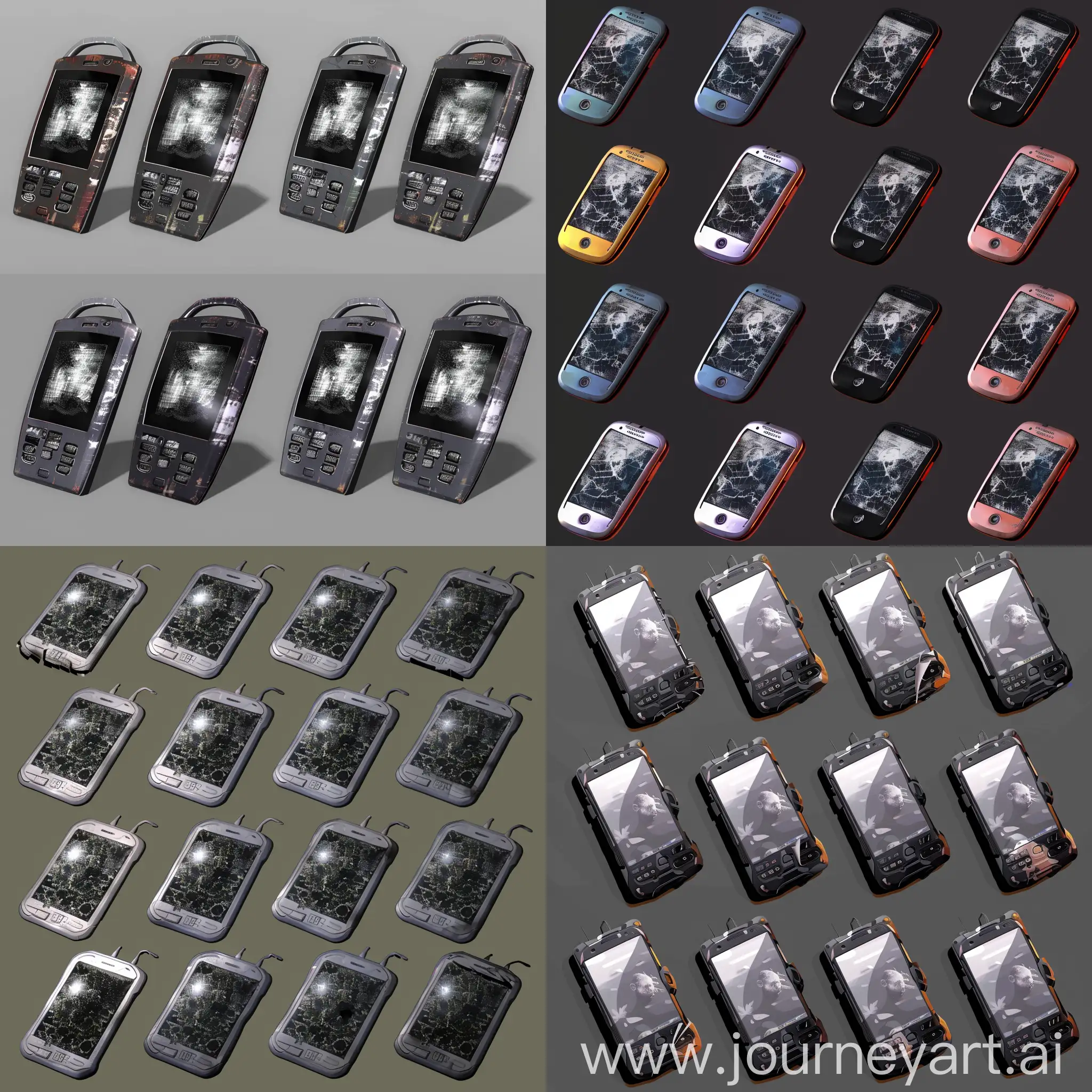 https://i.postimg.cc/YCStjdbR/image.png realistic photo of isometric set of worn pda, style of stalker game, unreal engine 5 render, ultrarealistic style, isometric set --iw 2 --chaos 30