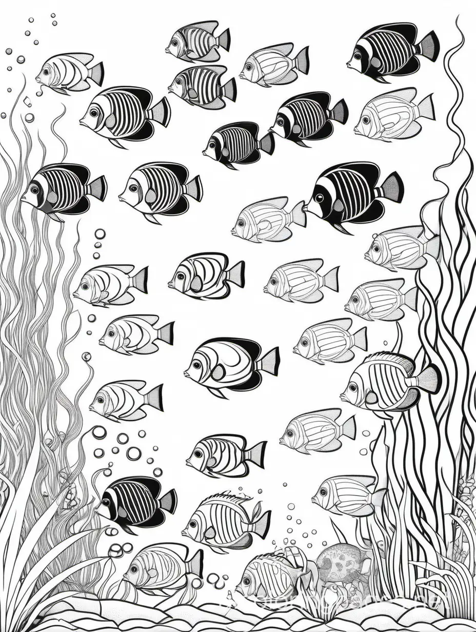 30 different tropical fish, Coloring Page, black and white, line art, white background, Simplicity, Ample White Space. The background of the coloring page is plain white to make it easy for young children to color within the lines. The outlines of all the subjects are easy to distinguish, making it simple for kids to color without too much difficulty