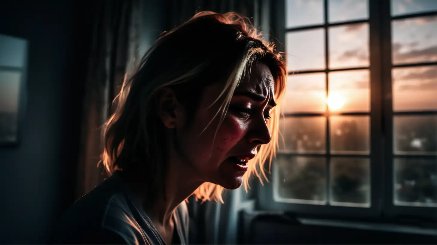 a woman crying in her bedroom, dark background, blurred background, sunrise rising through window, space on top of the womans head
