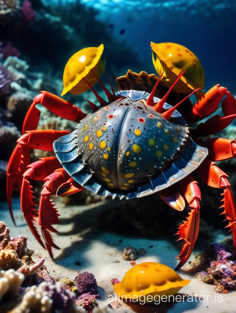 Underwater scene of extreem close-up of horseshoe crab eating a red crab with yellow black speckled spots in a colorful detailed coral reef, dramatic cinematic  lighting realistic colors