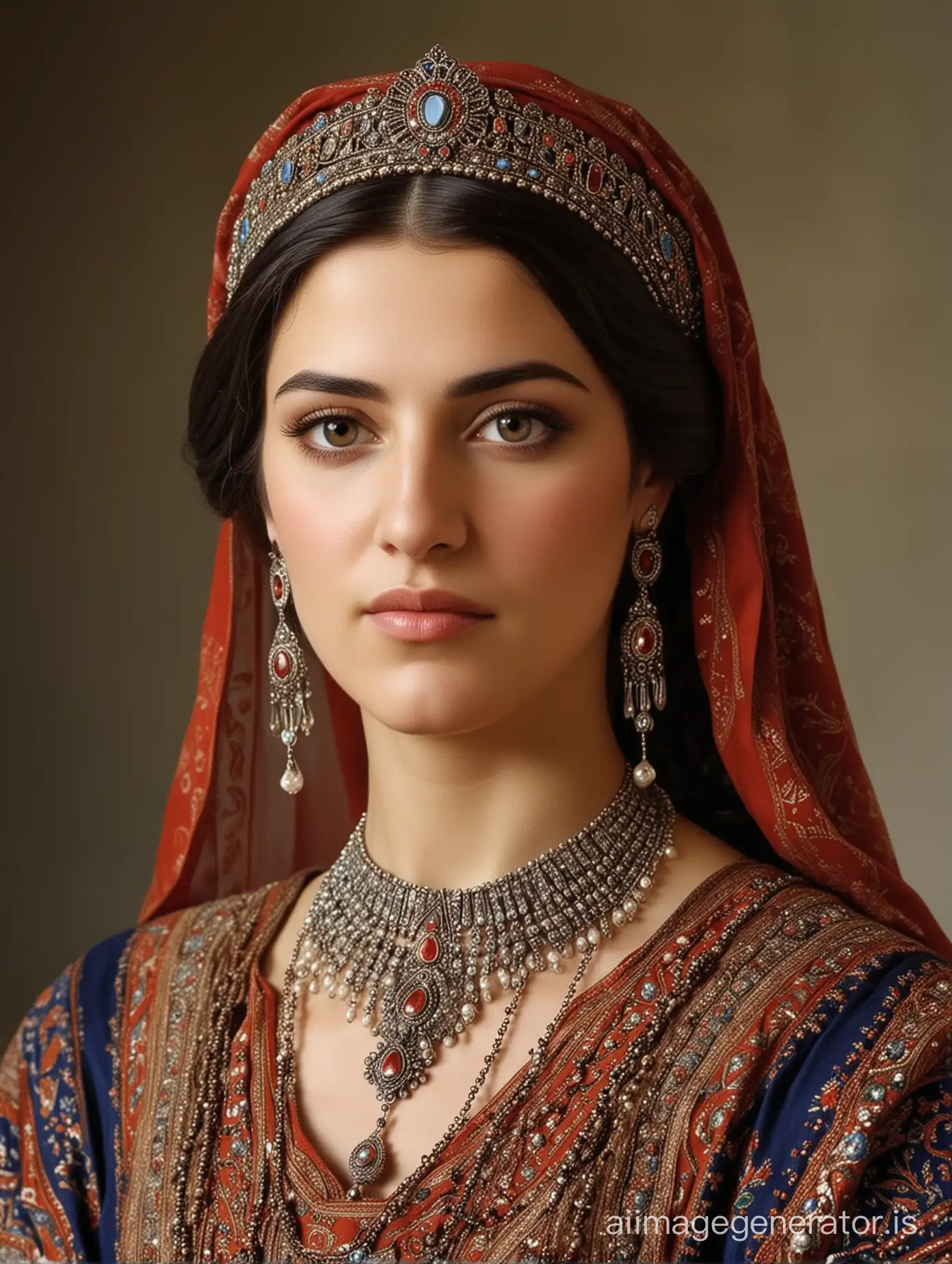 Armenian Queen Erato in Modest Dress and Gathered Hair | AI Image Generator