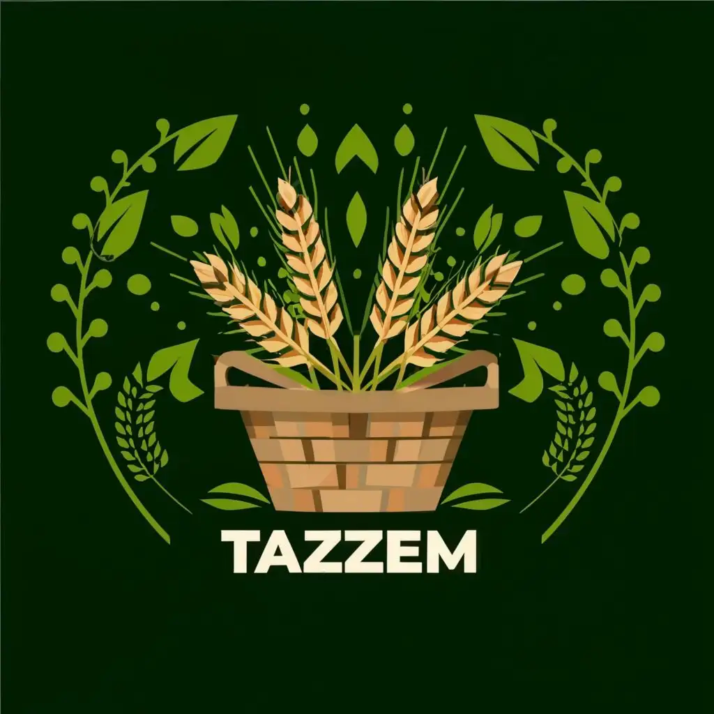 logo, a fresh leaf consisting of fresh vegetables wheat sprouts natural wheat field Fresh leaves and wheat ears in the basket wheat basket, with the text "TAZEM", typography, be used in Restaurant industry