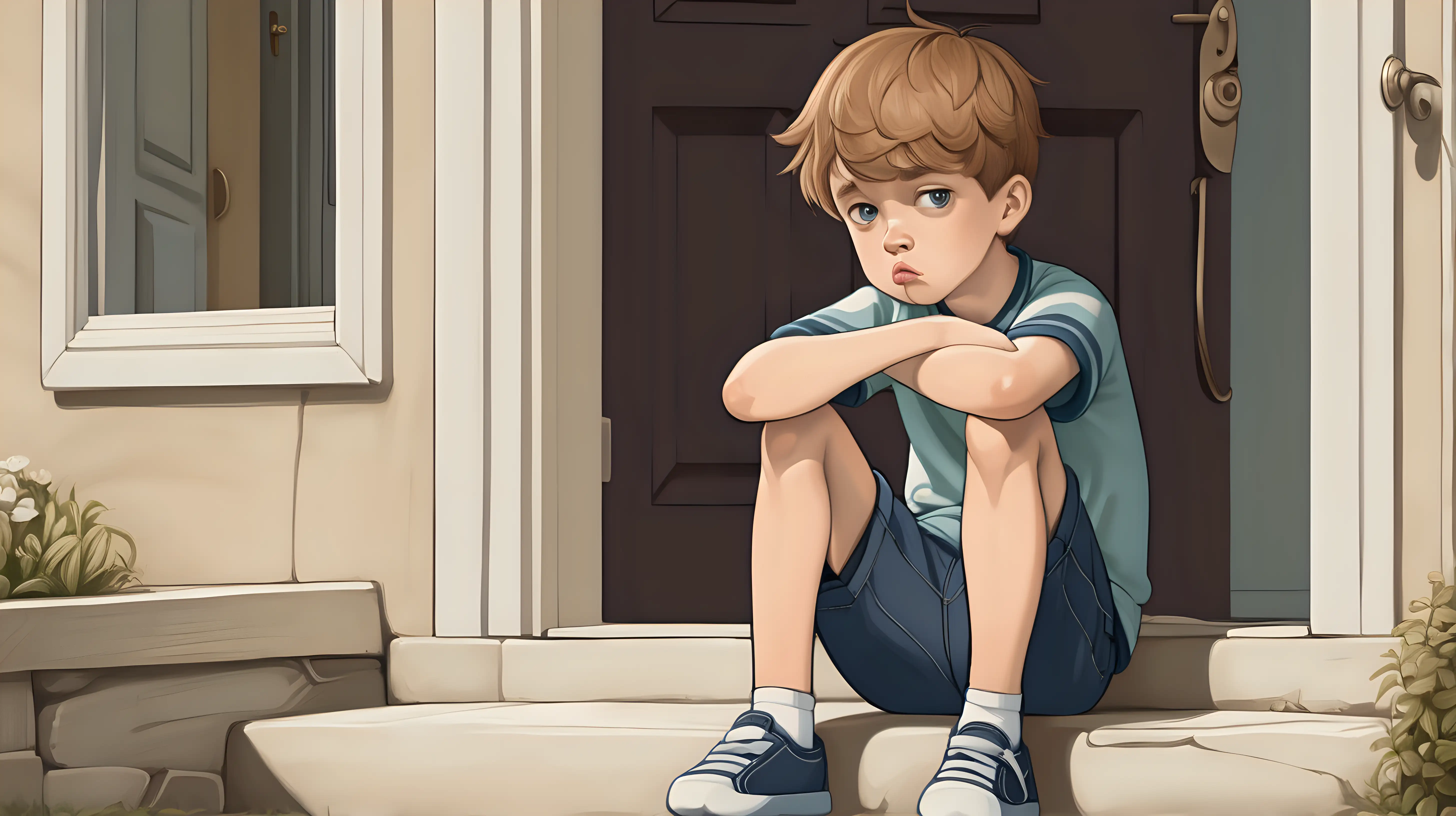 Disheartened Young Boy Sitting on Doorstep