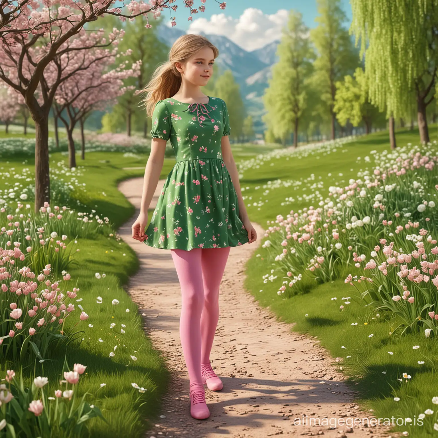 3D graphics: a spring landscape and a girl dressed in a green dress and pink tights