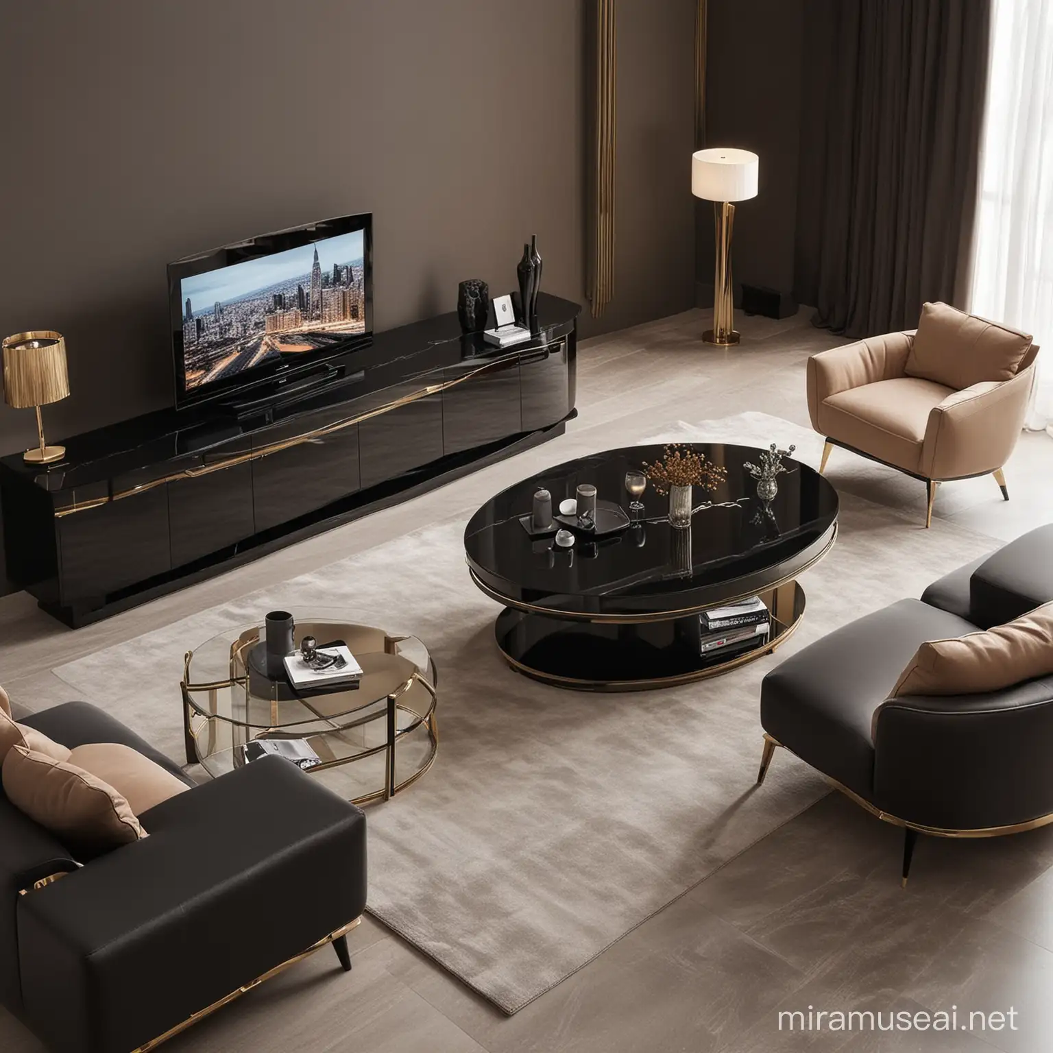 Elegant Black Oval Living Room Set with Modern Design