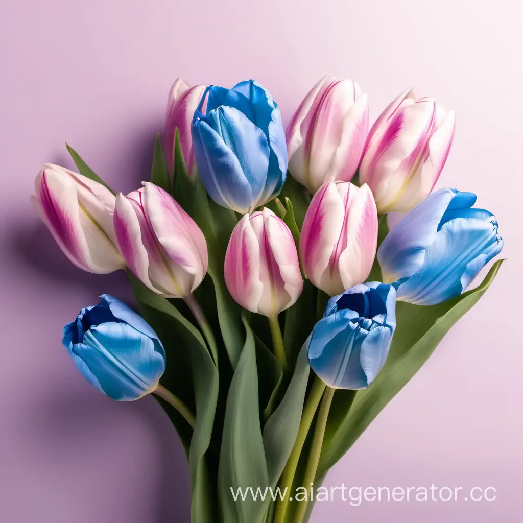 лёгкие розово голубые тона, присутствие тюльпанов на изображении, поздравление с восьмым марта