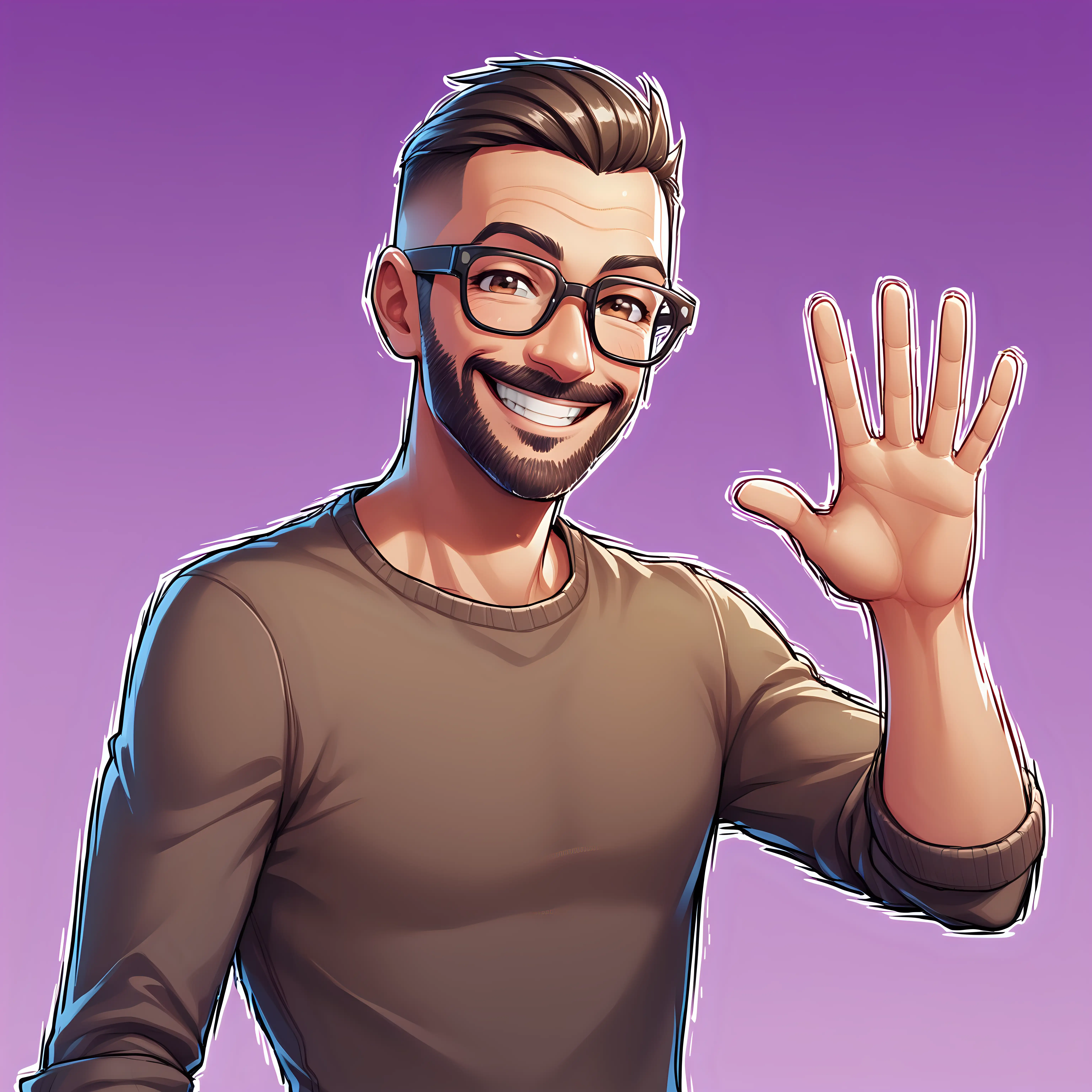 40 year old male fully casually clothed skinny Fortnite character waving and smiling, he is cleanly shaved, no background, he has glasses

