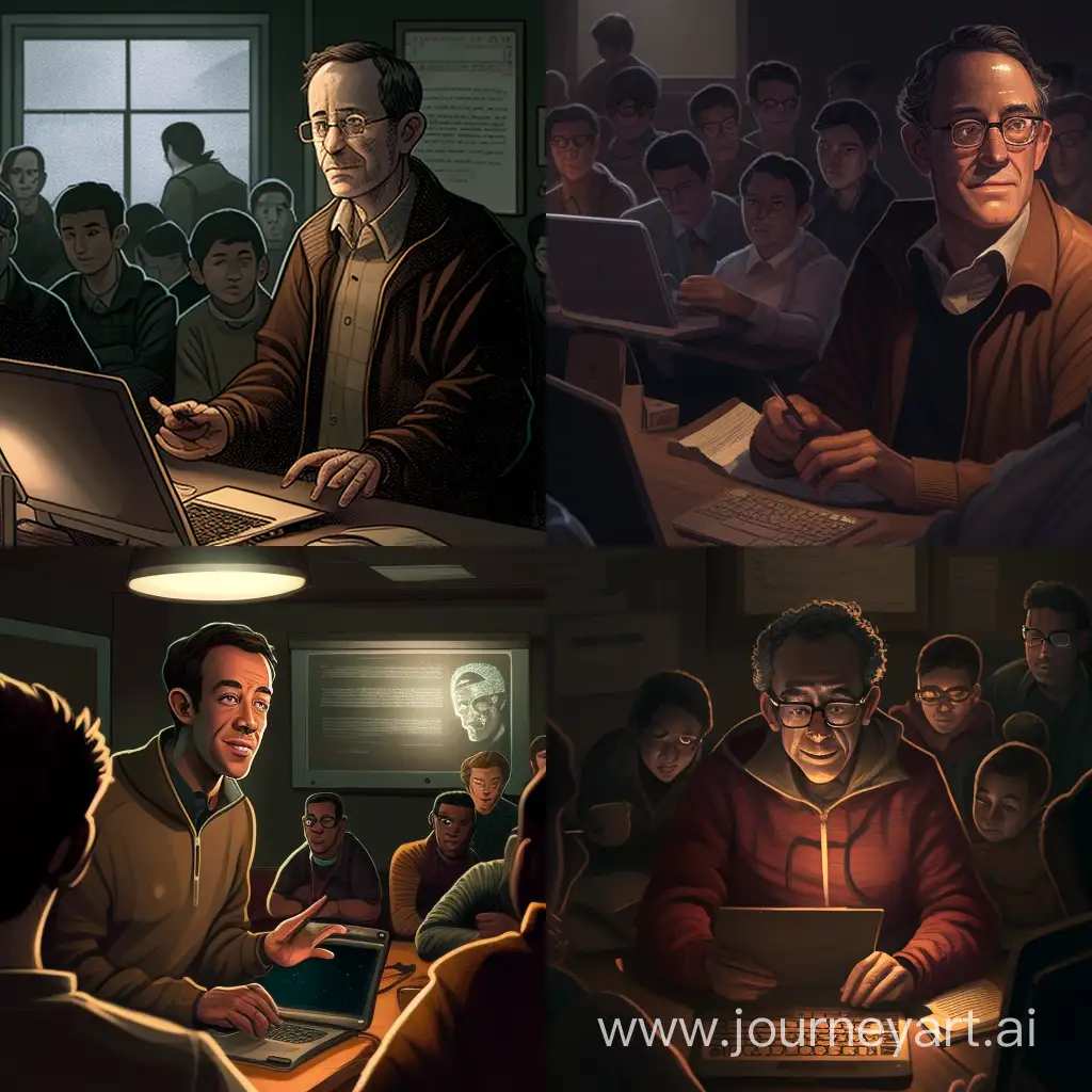 A potrait of a middle aged light black ( dark brown) computer science professor wearing a brown sweater with his laptop
Teaching his students in a computer lab no ventilation lighting of tube lights and a projecter projected towards professor 